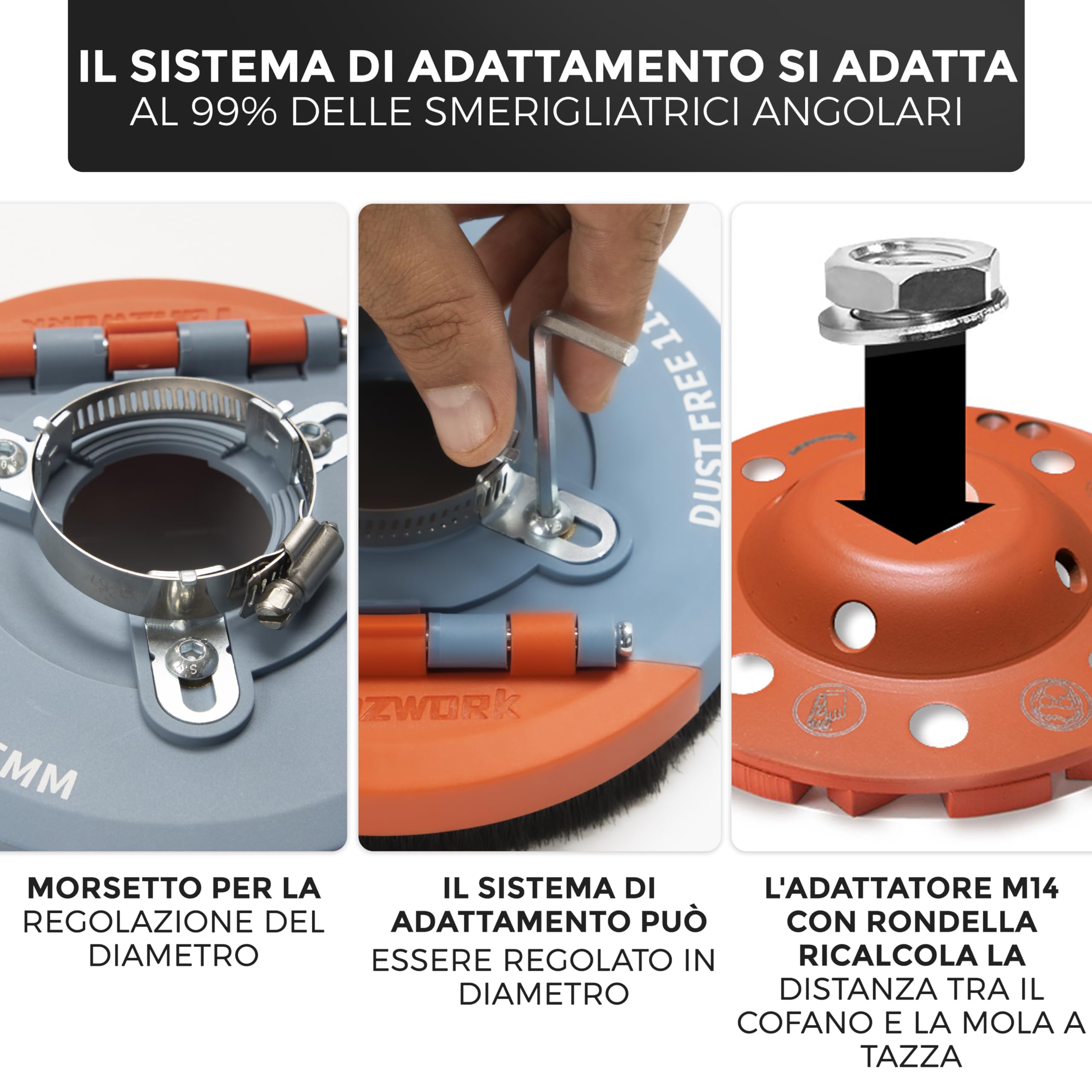 FANZWORK - Cappa di aspirazione per smerigliatrice angolare, con 2 dischi diamantati professionali da 125 mm, spazzole intercambiabili, compatibilità universale al 99%, anello adattatore rinforzato