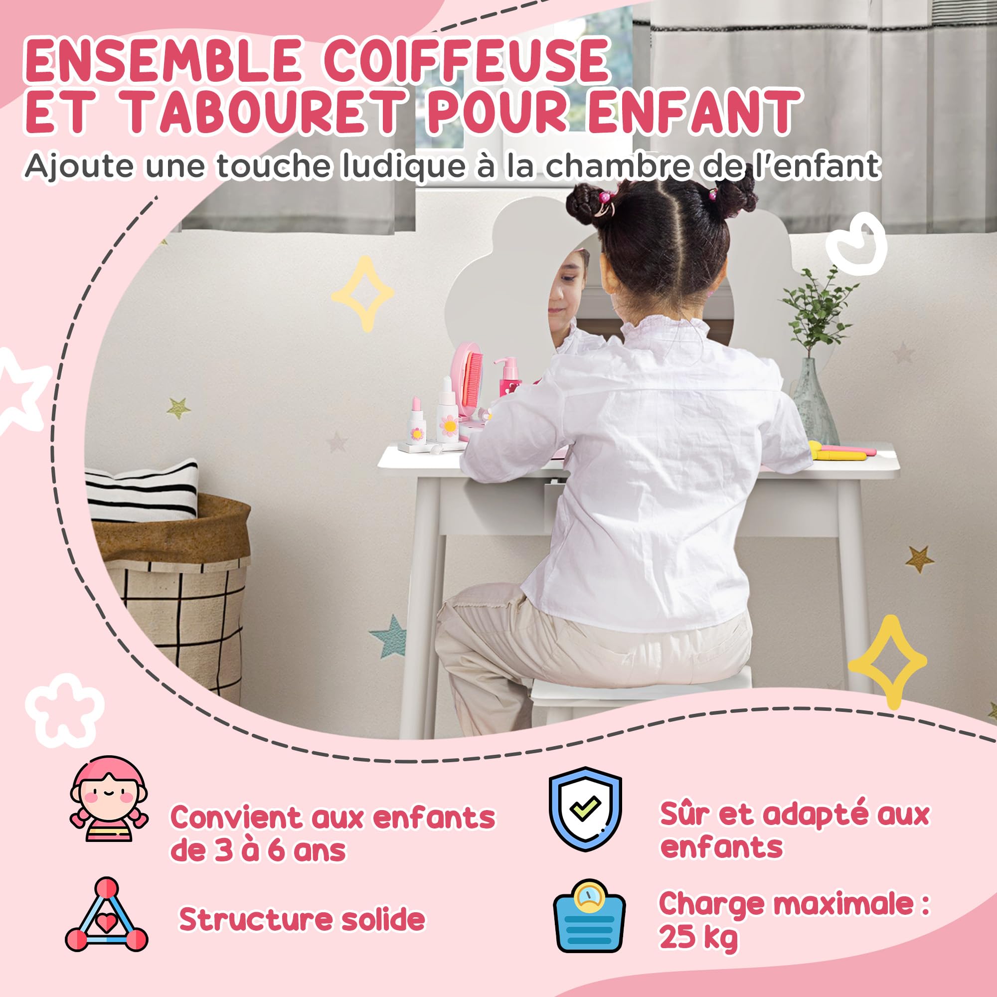 AIYAPLAY Ensemble Coiffeuse pour Enfant avec Tabouret 3 à 6 Ans Blanc | Coiffeuse 2 Pièces, Miroir Forme de Nuage