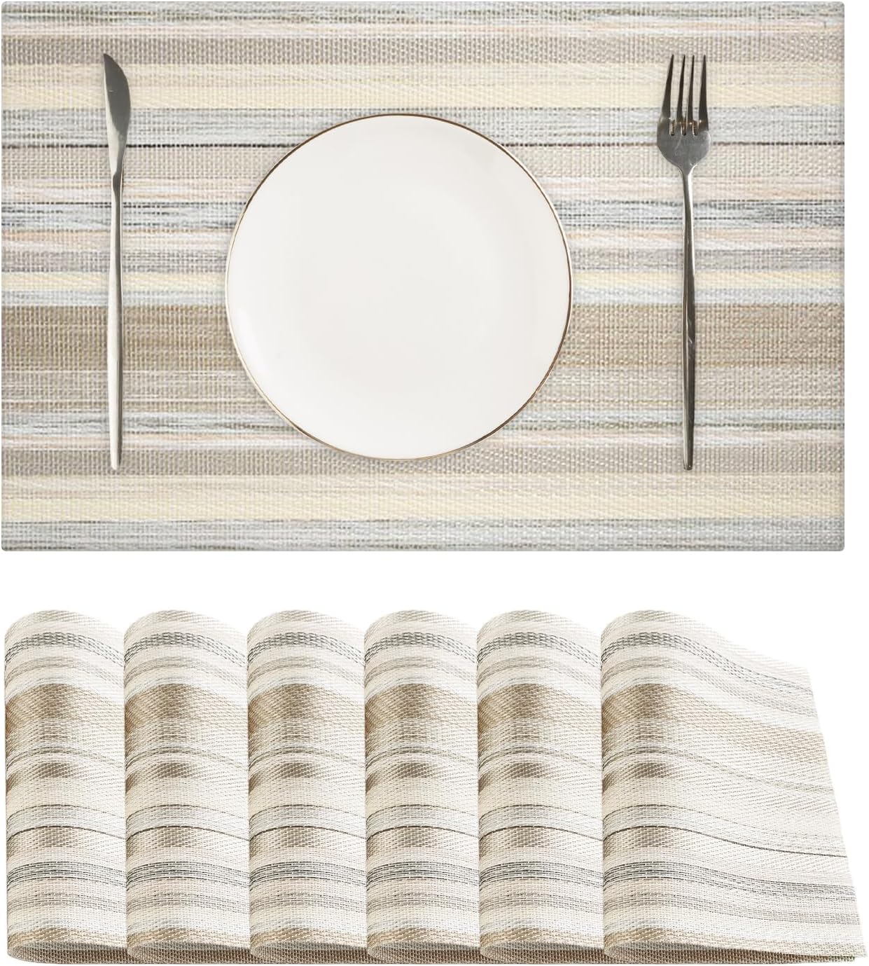 Textile Placemats Set of 6 - Heat Resistant Non-Slip Wipeable Place Mats for Party/Indoor/Outdoor Kitchen Dining Table, Washable Durable PVC Vinyl Woven Table Mats（Beige, 6）