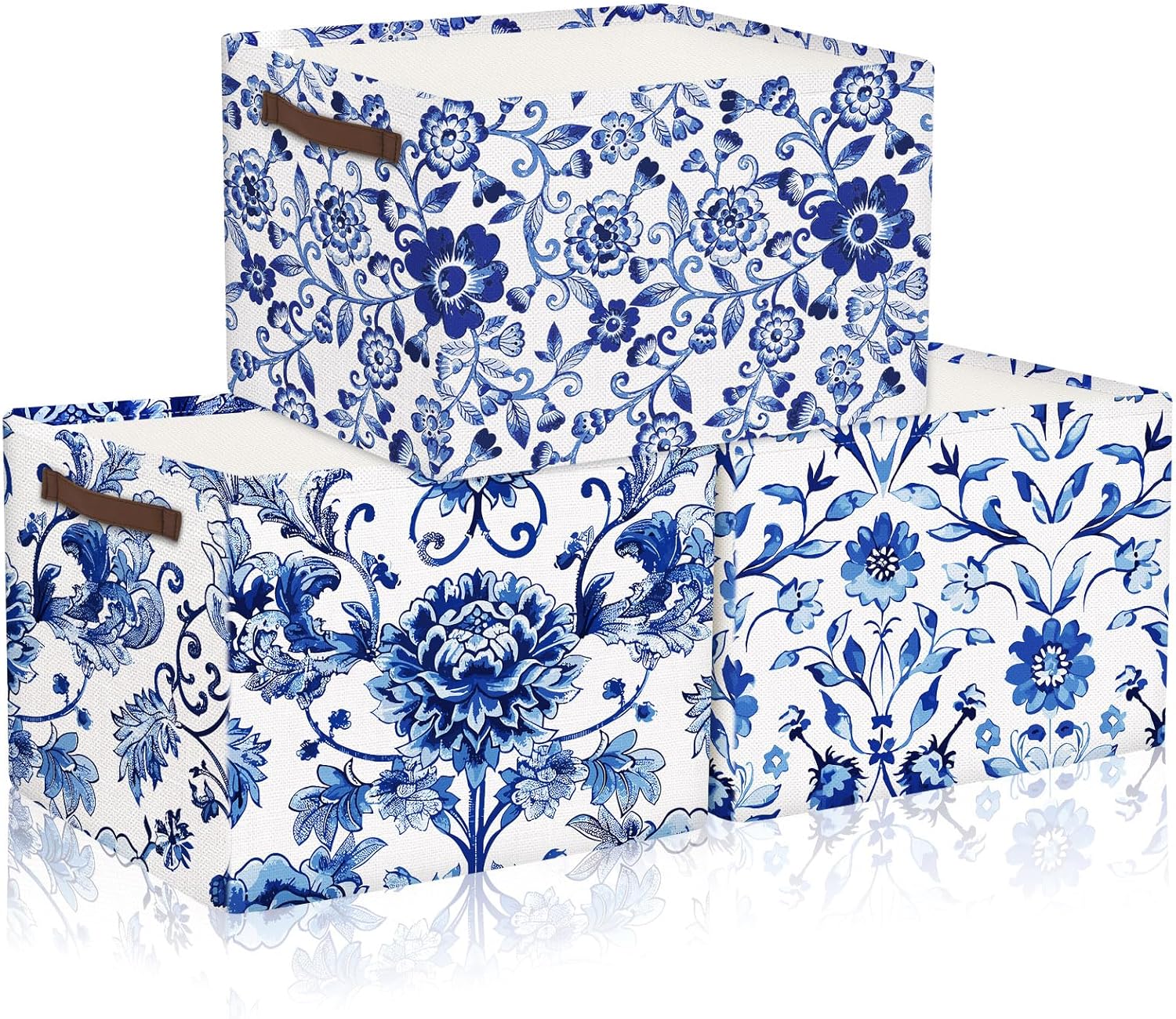 Geelin 3 Pack Blue and White Chinoiserie Storage Baskets, Large Foldable Decorative Storage Bins with Handles, Blue Floral Canvas Organizer Boxes for Closet Shelf Nursery Bedroom Home Organization