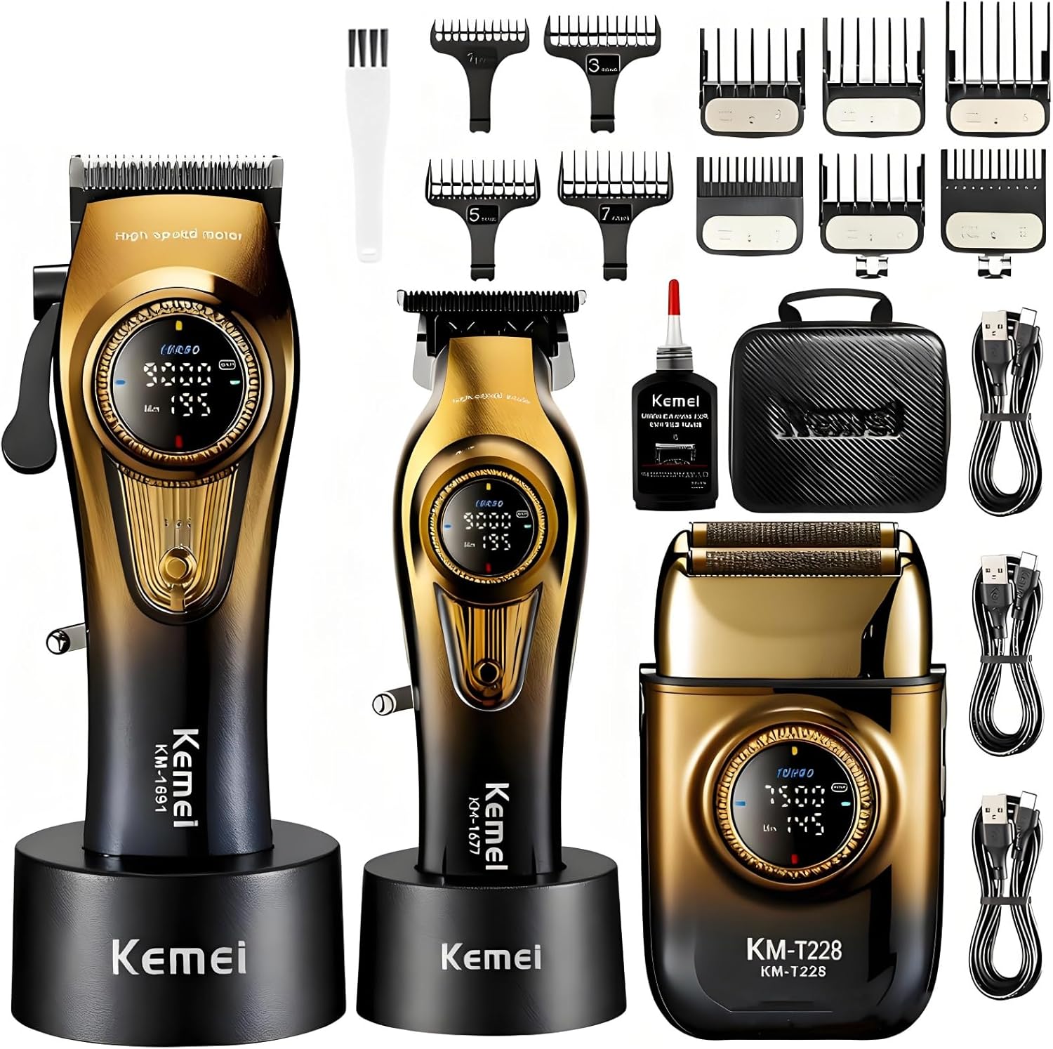 KEMEI Professional Hair Clippers for Men, Cordless Barber Clippers and Trimmers Set with KM-1691 KM-1677 Hair Clipper, KM-T228 Electric Shaver, Replacement Heads and Guide Combs