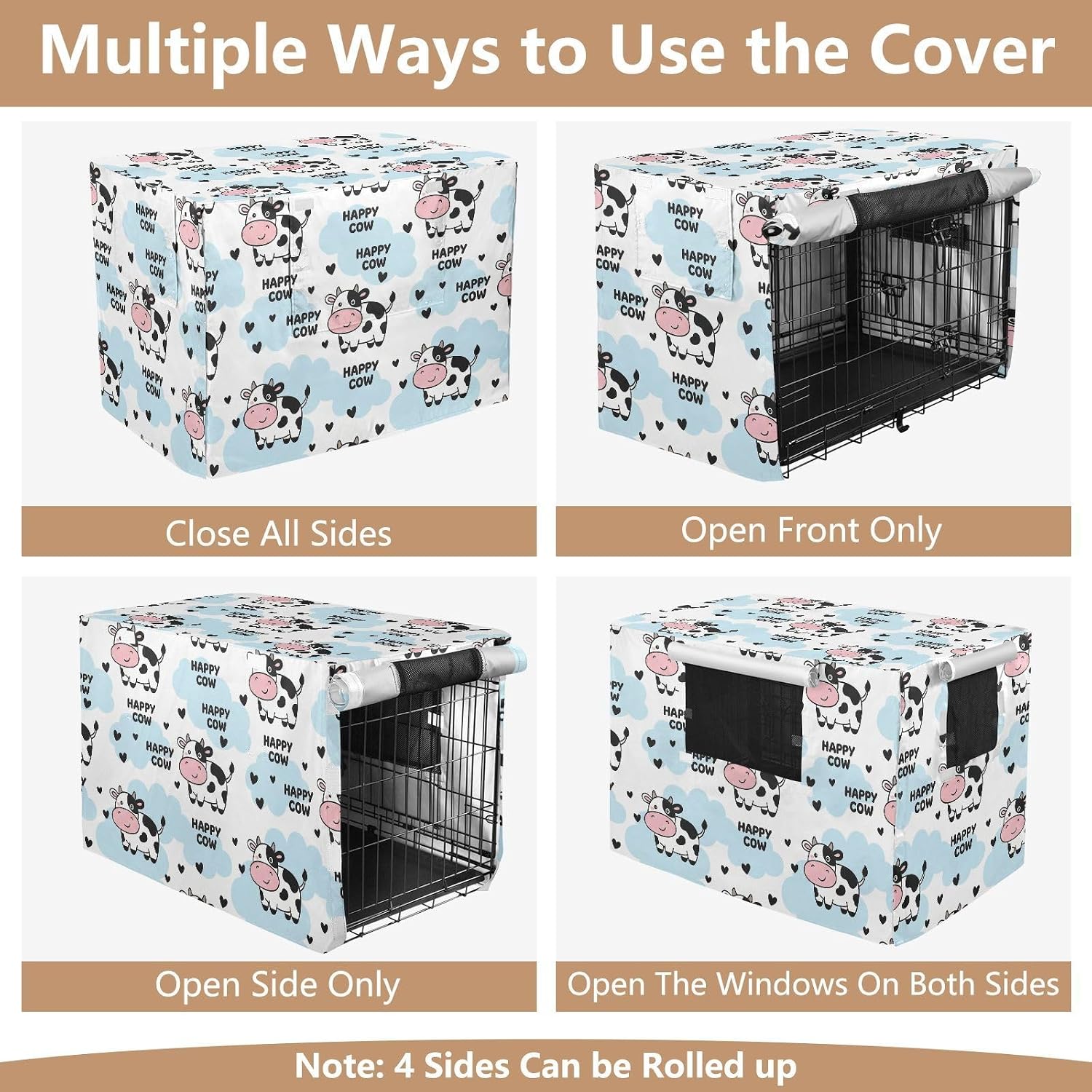 Duty 600D Silver Coated Dog Crate Cover, Water-Resistant Cow Pet Kennel Canopy with Mesh Windows for Optimal Ventilation, Universal Fit for Standard Wire Cage, Indoor & Travel