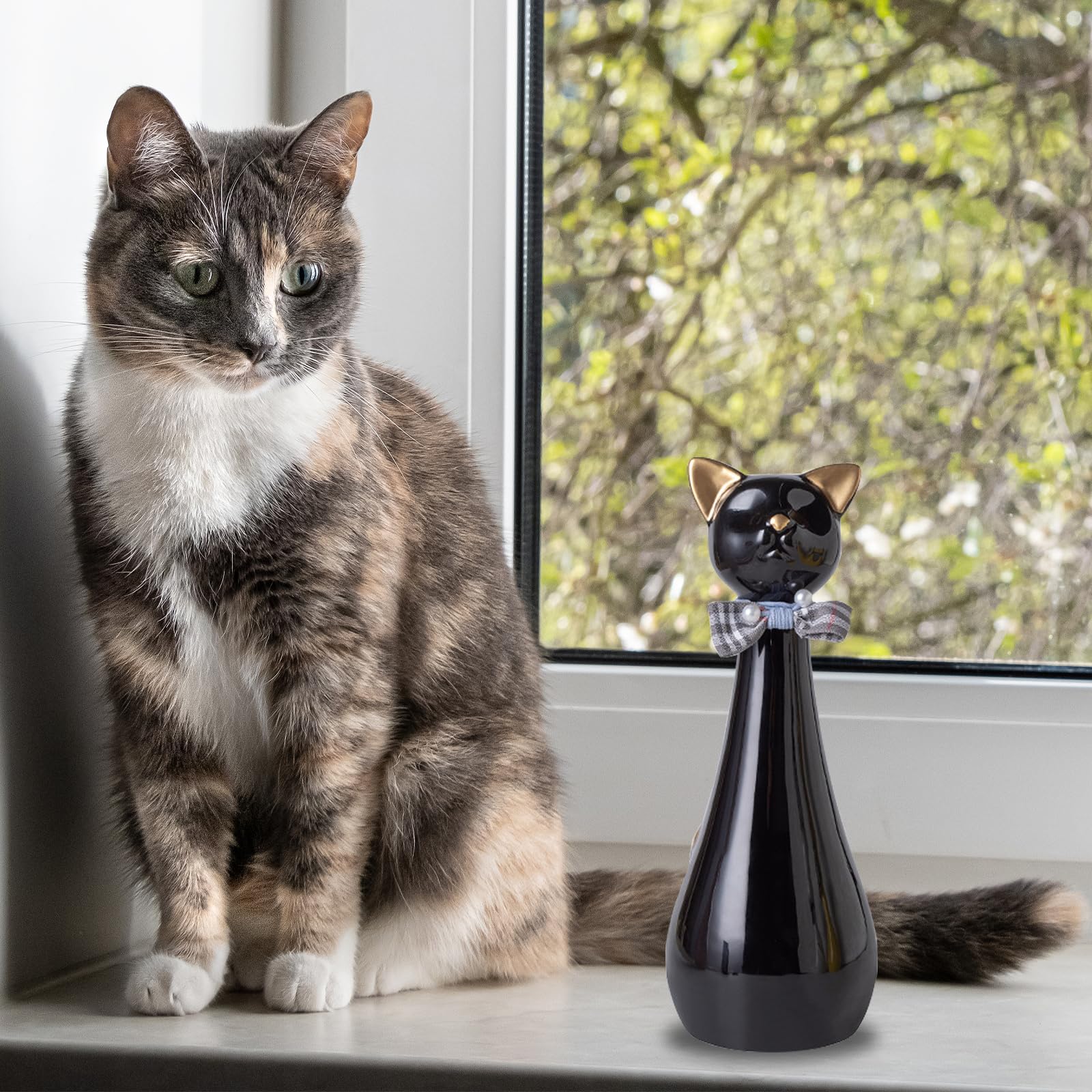 Urna para Gatos, 9,5 x 9,5 x 25,5 cm Urna Cenizas Negra con Collar de Lazo 550 ml Urnas para Mascotas de Cerámica para Recordar a Tu Querida Mascota Urnas para Gatos Regalo Conmemorativo