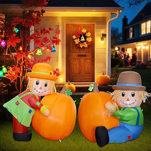 Miniatura 9 de Lulu Home Decoración inflable de Acción de Gracias, juego de 2 espantapájaros soplados por aire para parejas con luces LED integradas para