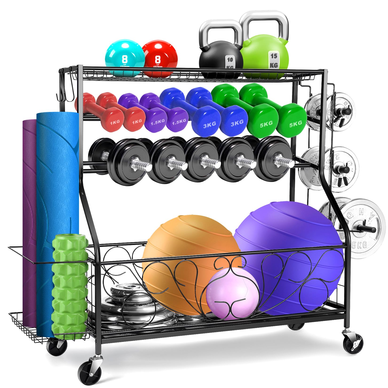 Photo 1 of OPPSDECOR Dumbbell Rack, Home Gym Storage, Yoga Mat Storage Rack, Weight Rack for Dumbbells, Kettlebells, Balls, All-in-one 500LBS Workout Equipment Storage With Hooks & Wheels Black