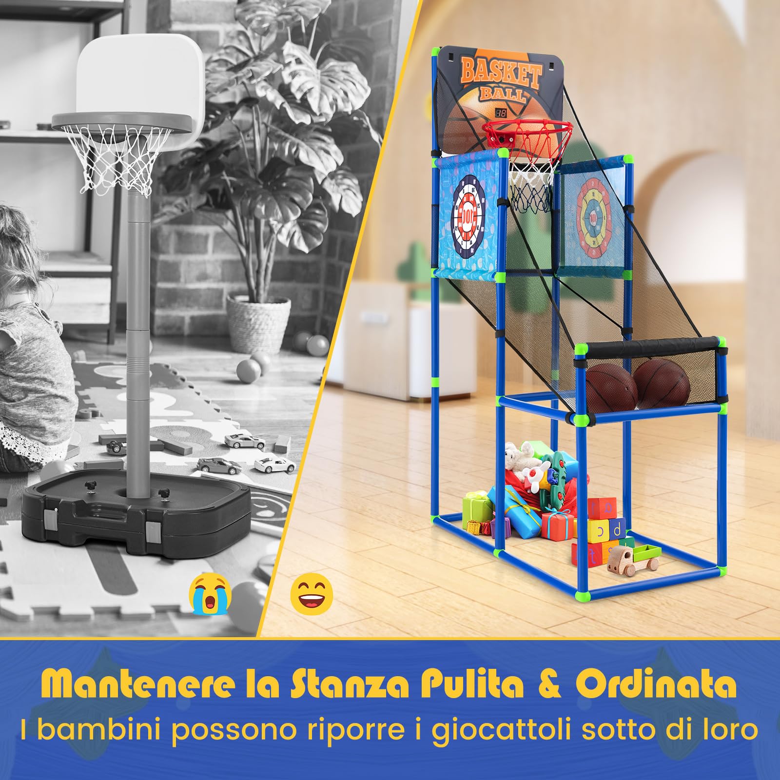 COSTWAY Macchina da Pallacanestro per Bambini, Set Giochi 2-in-1 da Interno ed Esterno per Basket e Palline Attaccanti con Segnapunti Elettronico ed Effetti Sonori, Regalo per Bambini e Bambine 3+