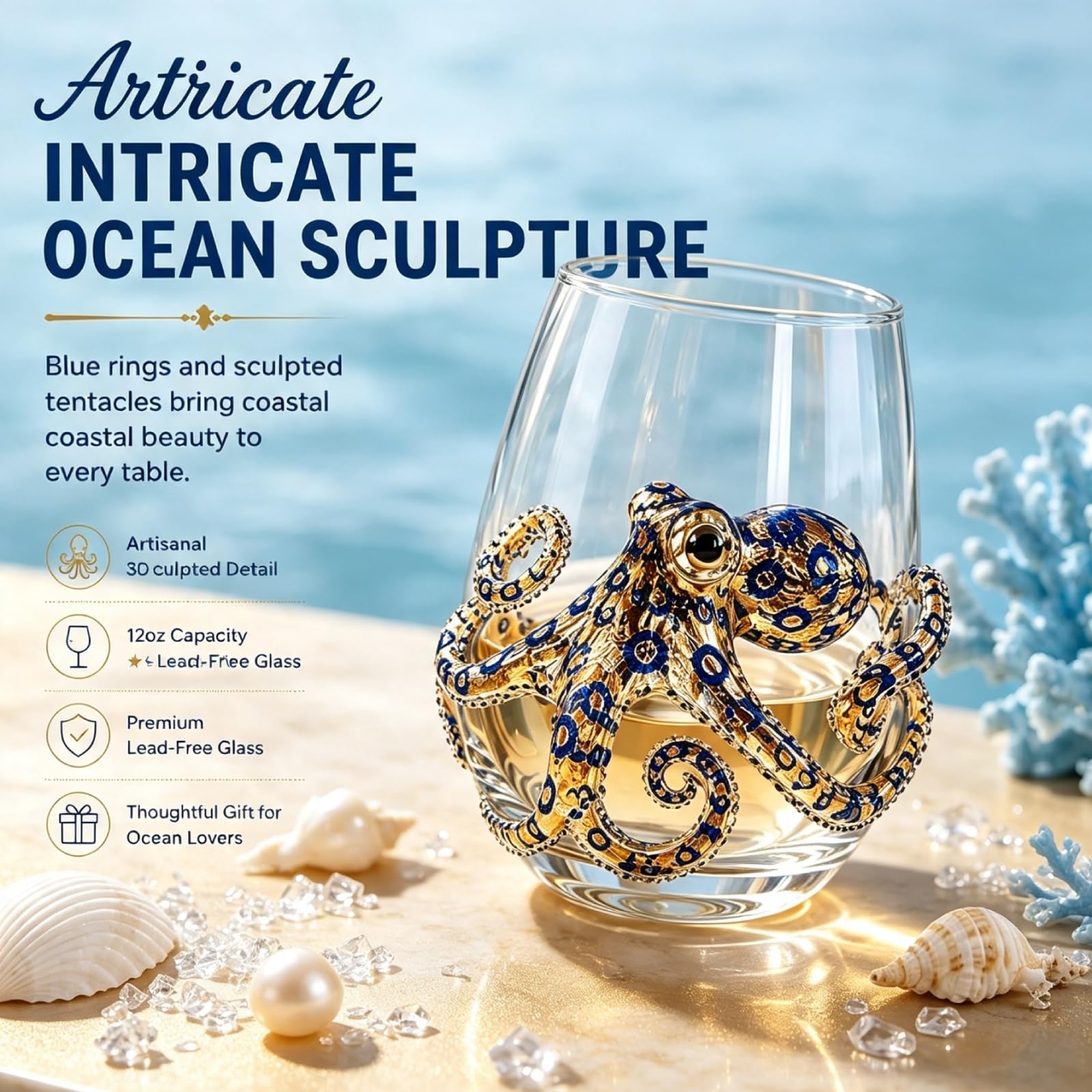 Blaugeringelter Oktopus Glas Set, 3D Ozean Kunst Trinkgläser 8 Stück | Handgefertigte Oktopus Trinkgläser. 3D Ozean Design. Set mit 8 einzigartigen Stücken. Ideal für Ozeanliebhaber als Geschenk.