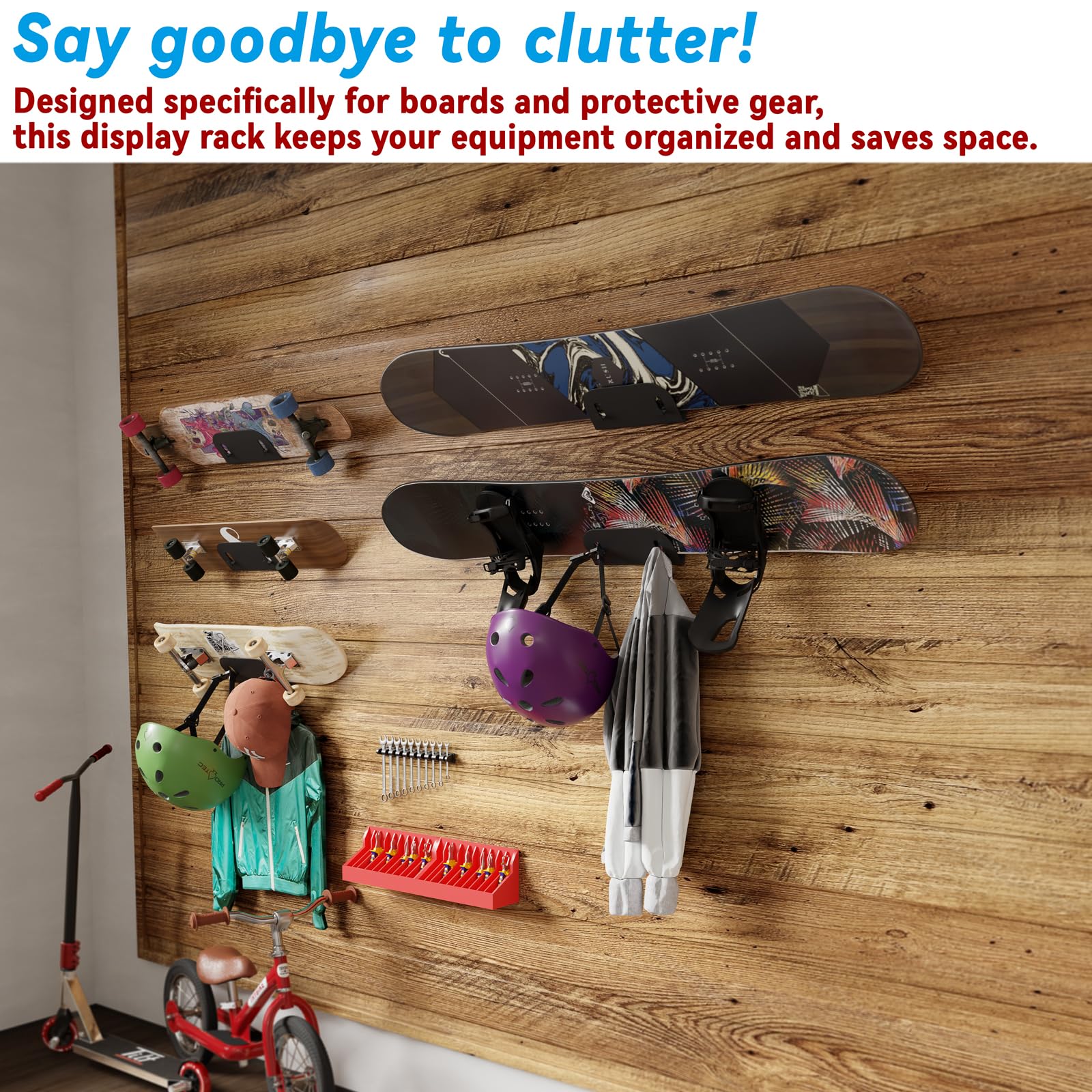 sciuU Supporto da Parete in Acciaio Inox per Skateboard Snowboard Longboard Sci Monopattini - Portaoggetti Rastrelliera in Metallo con Ganci per Caschi e Attrezzature, per Garage, Corridoio, Casa