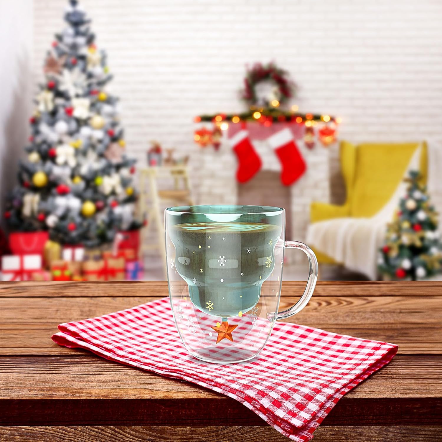 2 Pack Christmas Mugs, Double Walled Borosilicate glass mug set with Snowflake Lid, Cute Mugs for Hot Cocoa and Coffee, 300ml Christmas tree mugs Holiday Gifts for Family, Friend