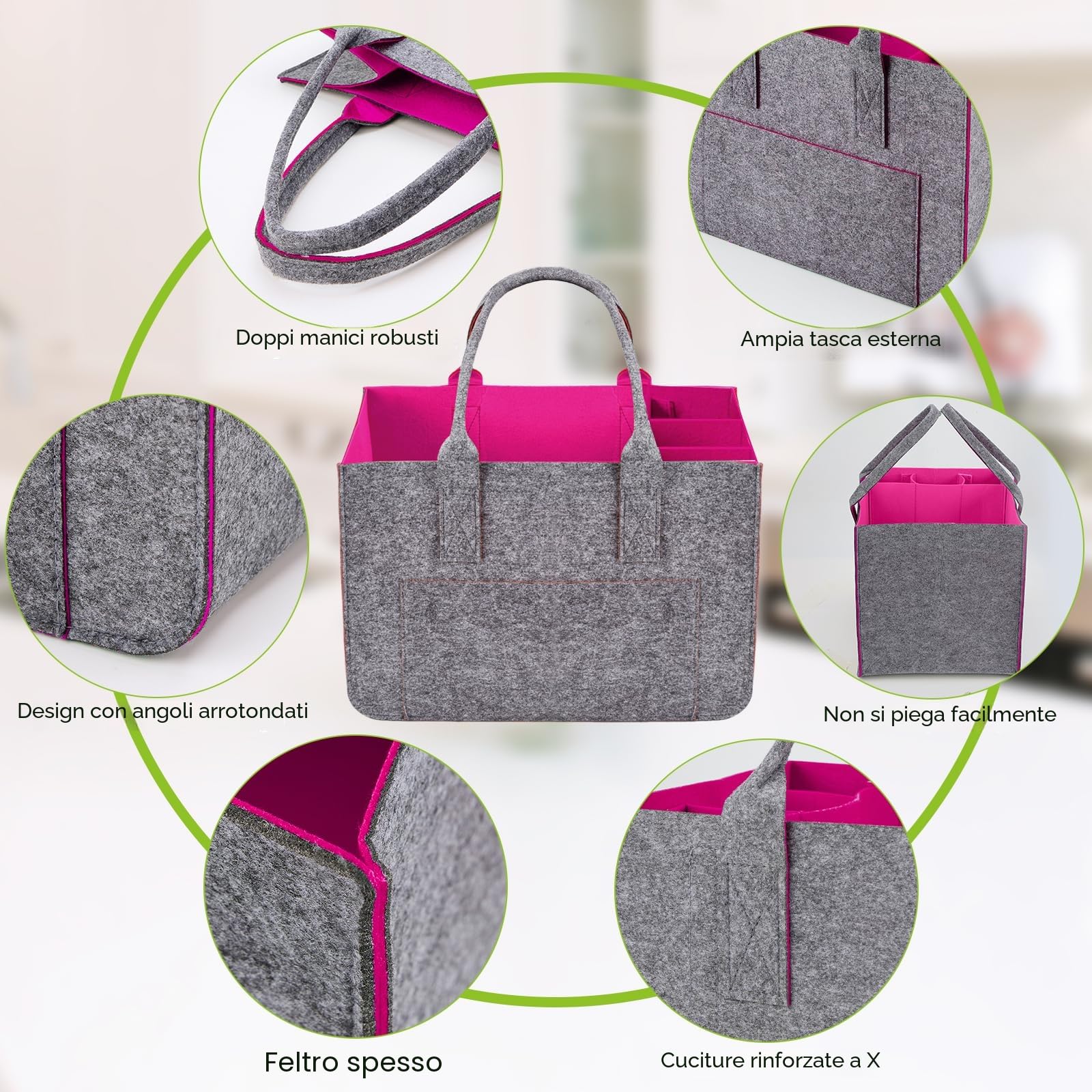 Eurhomewit Borsa in Feltro con Scomparto per Bottiglie, Cestino Pieghevole per la Borsa Shopper in Feltro/Borsa per Bottiglie/Borsa per Legna da Ardere (Magenta/1 Pezzo)