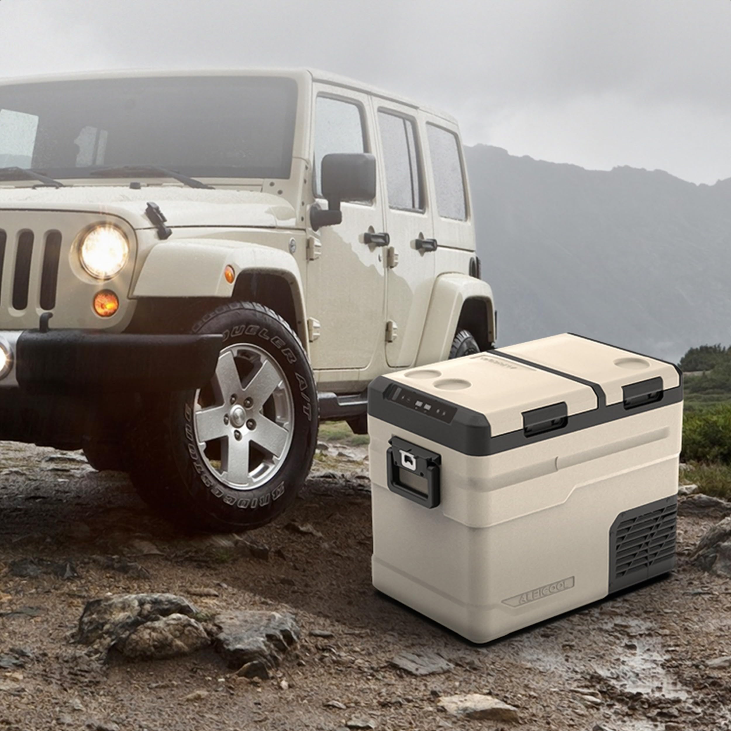 Kompressor Kühlbox 55L – Dual Zone Mini Kühlschrank mit App-Steuerung, 12V/24V/230V für Auto, LKW, Wohnmobil & Camping, Gefrierfunktion bis -20°C, Beige-Schwarz