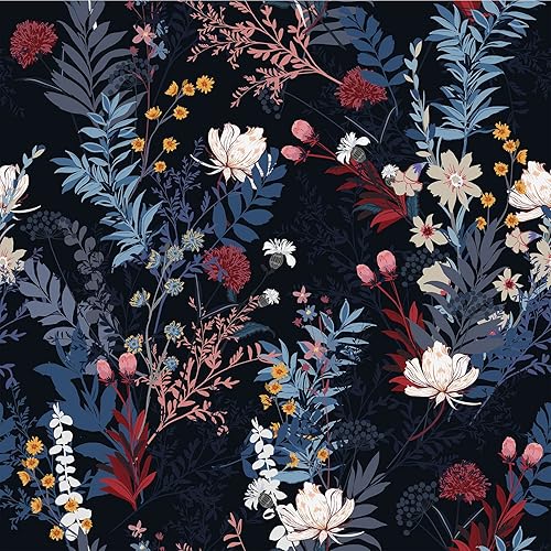 VEELIKE Papel tapiz botánico negro para despegar y pegar, papel tapiz floral negro para dormitorio, baño, papel tapiz de 17.7 x 118 pulgadas, papel