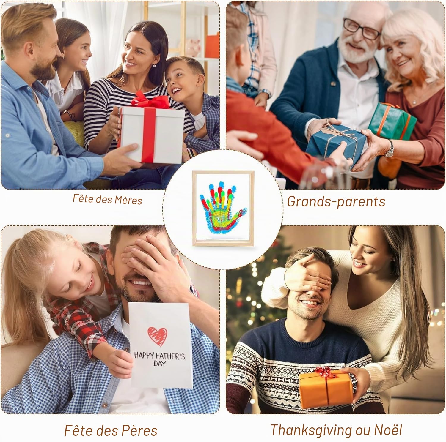 Kit d'Empreintes de Mains Familiales avec Cadre en Bois, 4 Empreintes, 6 Couleurs de Pigments, pour Bébé