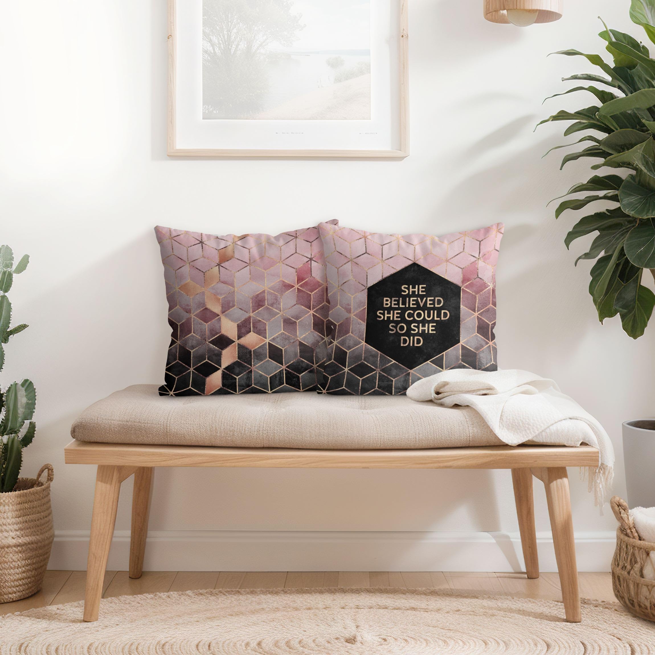 Deko Kissenhülle 2er Set drinnen/Indoor waschbar Sprüche ohne Füllung Zierkissen - Made in Germany - Geometrisch Bezug rosa Sofakissen Indoor Sofa Bett 1251