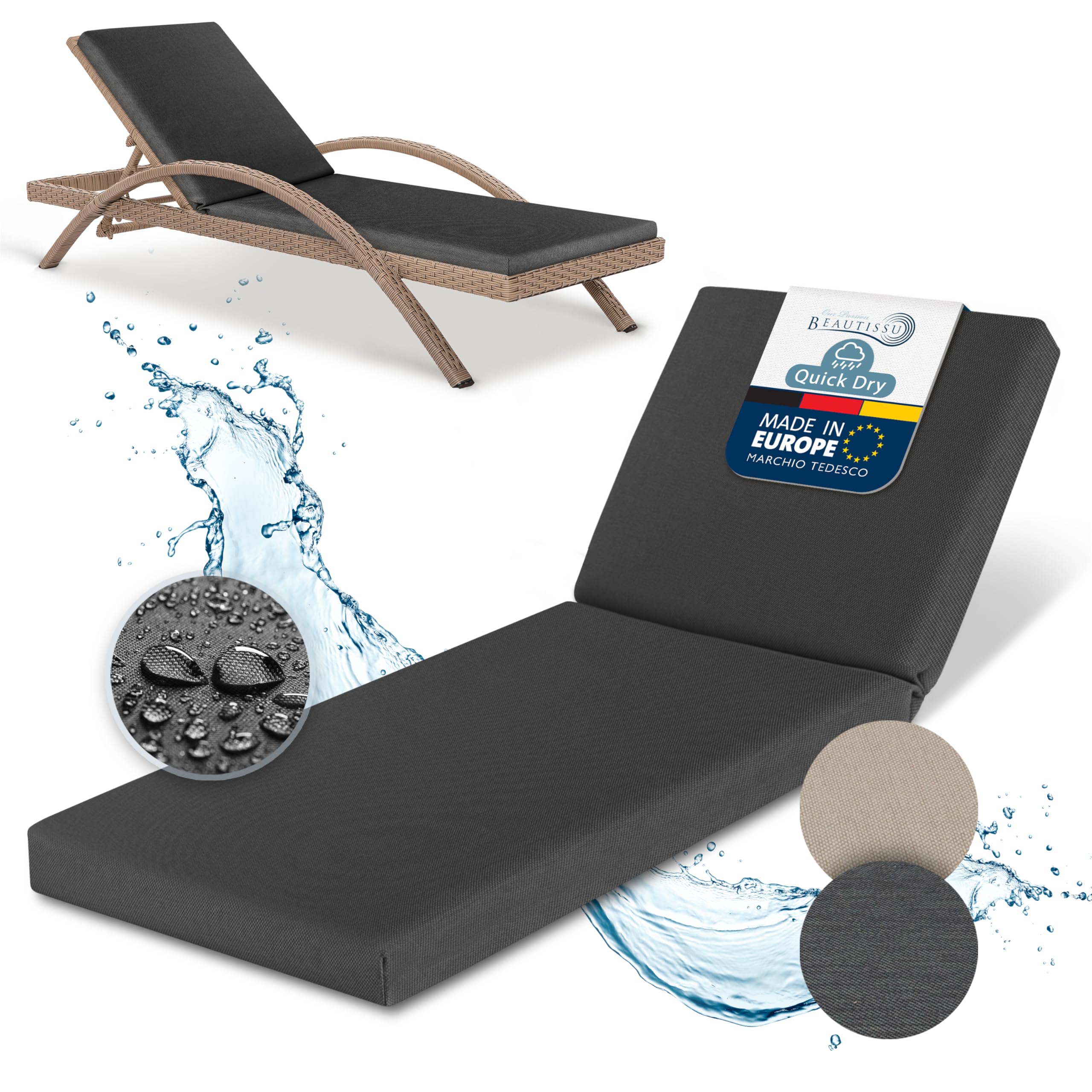 Beautissu Cuscini per sedie a sdraio da giardino Impermeabili Cuscino per sdraio 190x60 cm Cuscino resistente alle intemperie ad asciugatura rapida Lavabile - Cuscini per sdraio giardino Anthracite