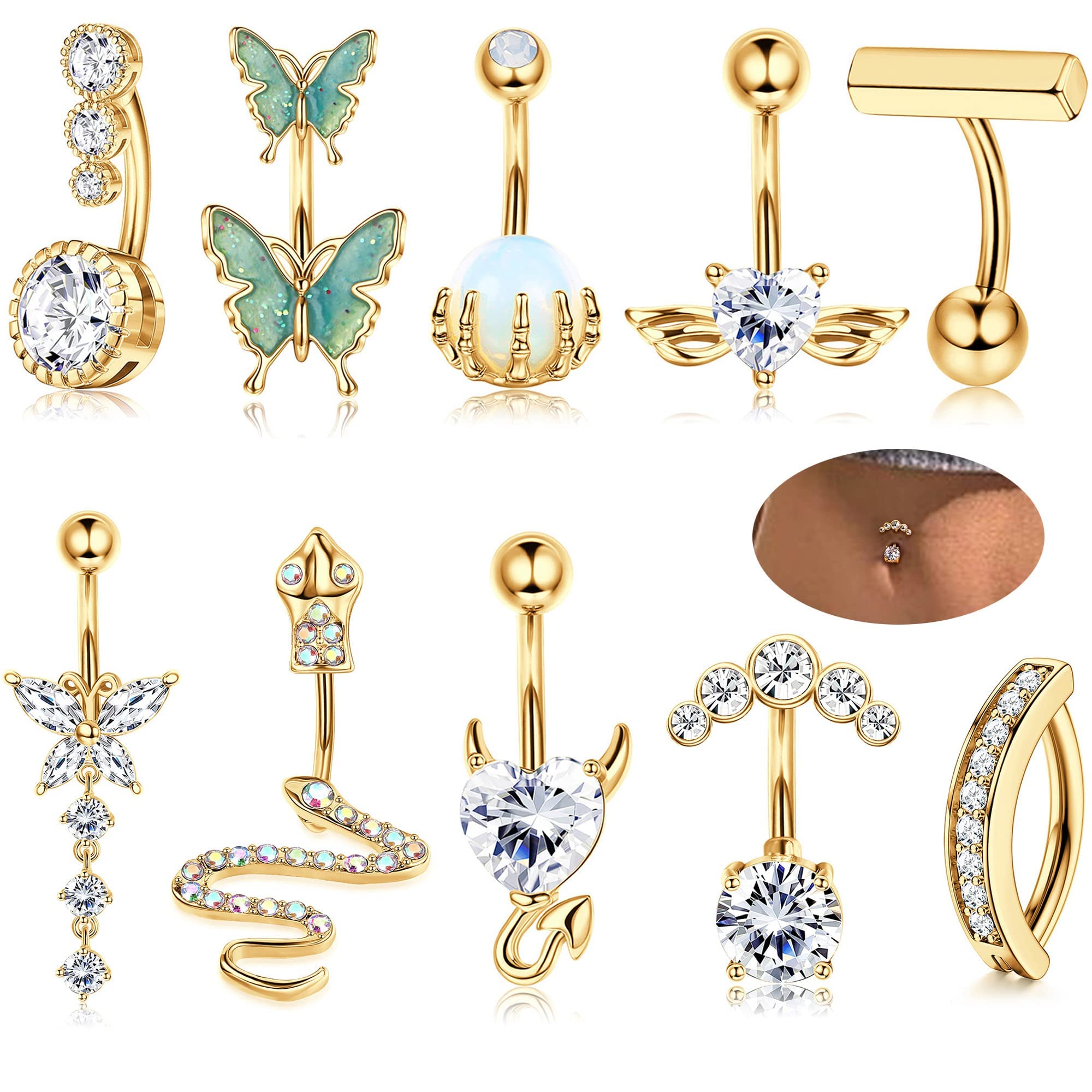 Morfetto 10 PIEZAS Anillo de Ombligo para Mujer Acero Quirúrgico CZ Corazón Mariposa Anillos de Ombligo Clicker Anillo de Ombligo Lindo Piercing de Vientre Joyería 14G