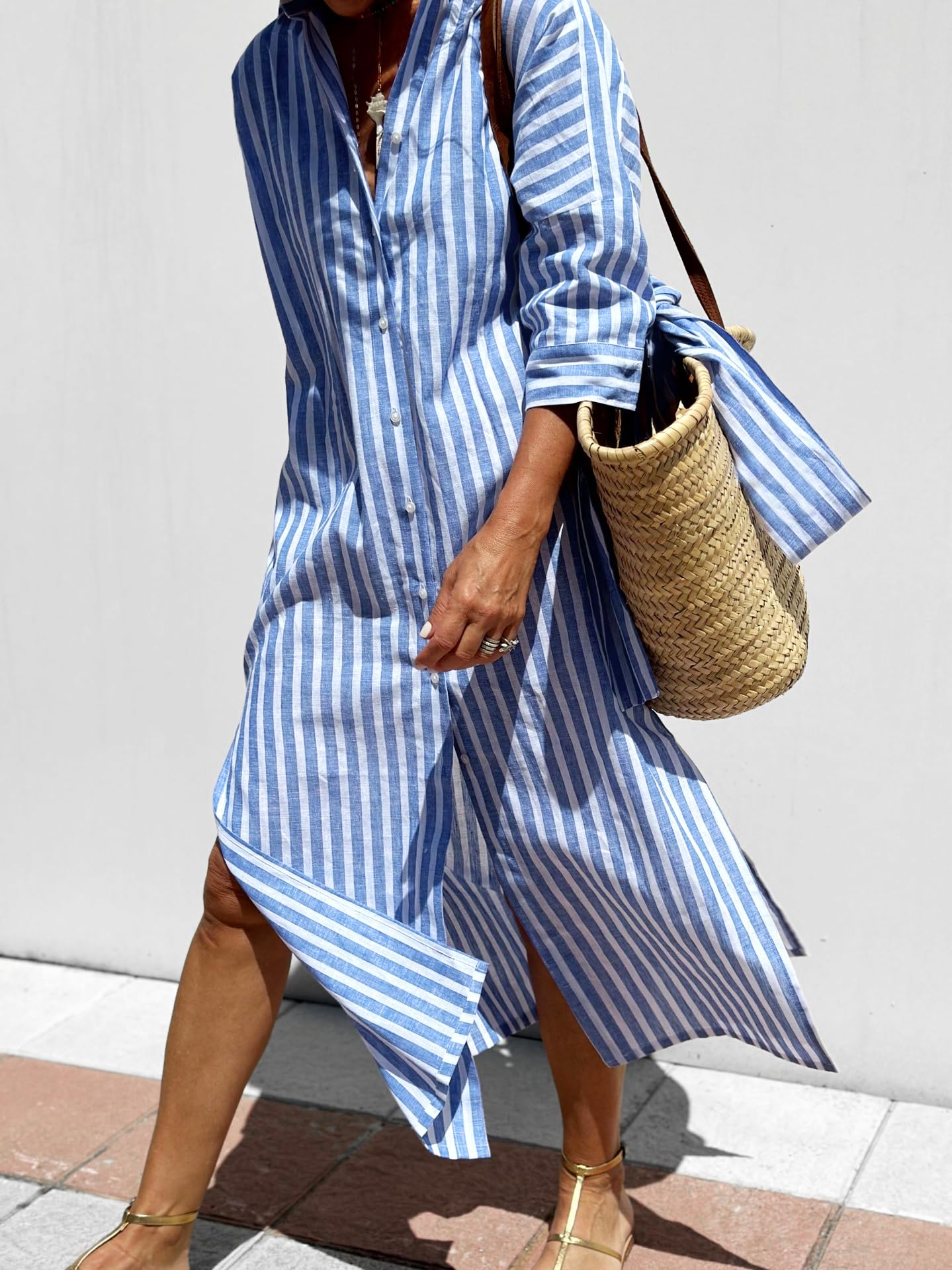 utcoco Abito da donna 2025, stile casual, con risvolto, maniche a 3/4, abbottonatura e cintura