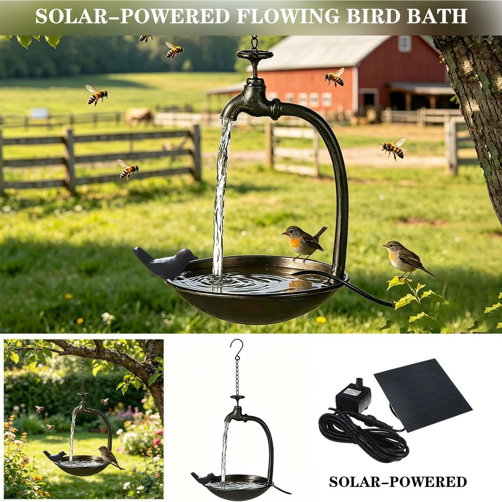 Kąpielisko Dla Ptaków Kształt Kranu Zasilanego Energią Słoneczną | Fontanna Poidełko Ogrodowa Dla Dzikich Ptaków Na Wróble Kolibry Rudziki Ogrody Balkony Tarasy Podwórka Dziedzińce Tylny