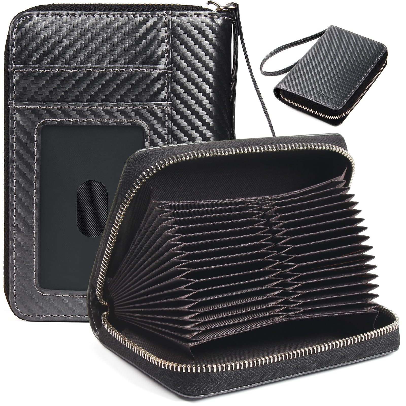 EcoVisionRFID Credit Card Holder Wallets for Women Large Storage Space Accordion Zipper Card Case Holder,Leather Organizer Case with Lanyard, Gray