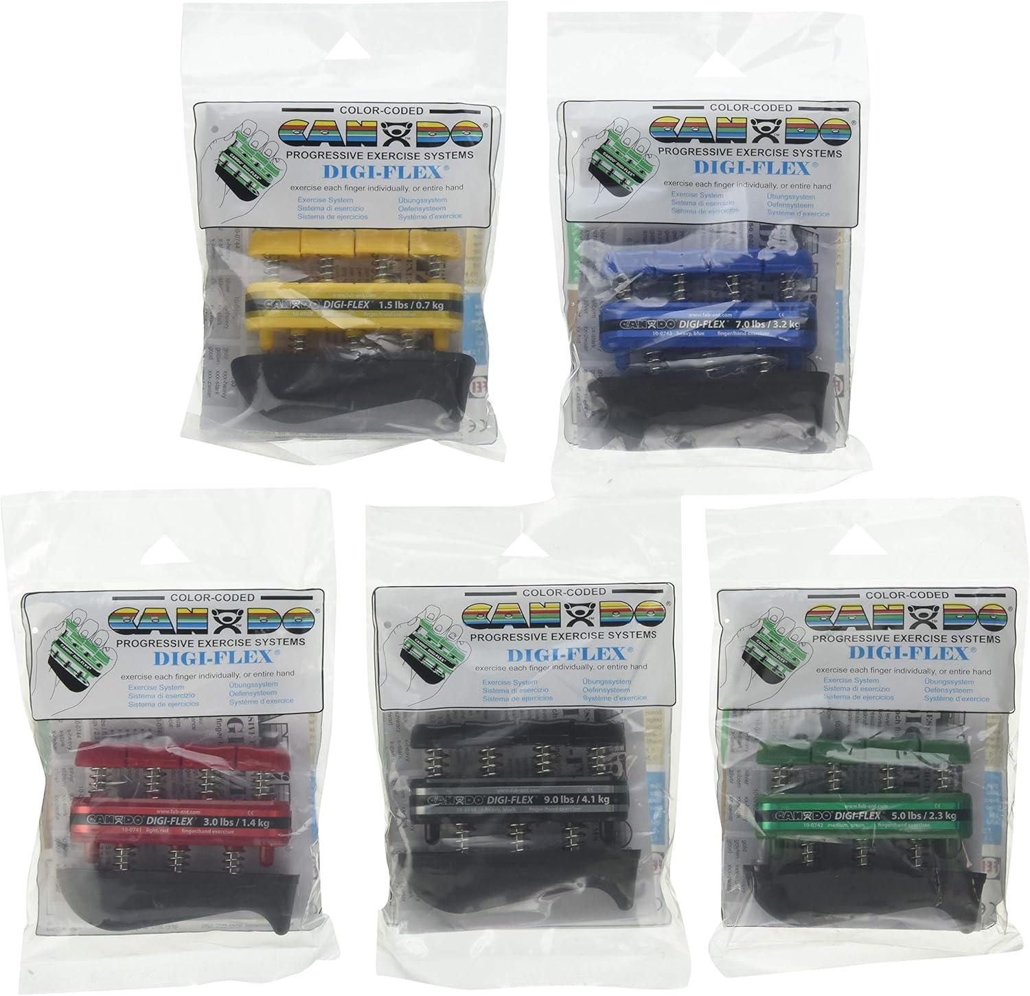 Cando Digi-Flex Hand Exerciser - 5 Piece Set Y,R,G,B,BLK - No Rack by Cando