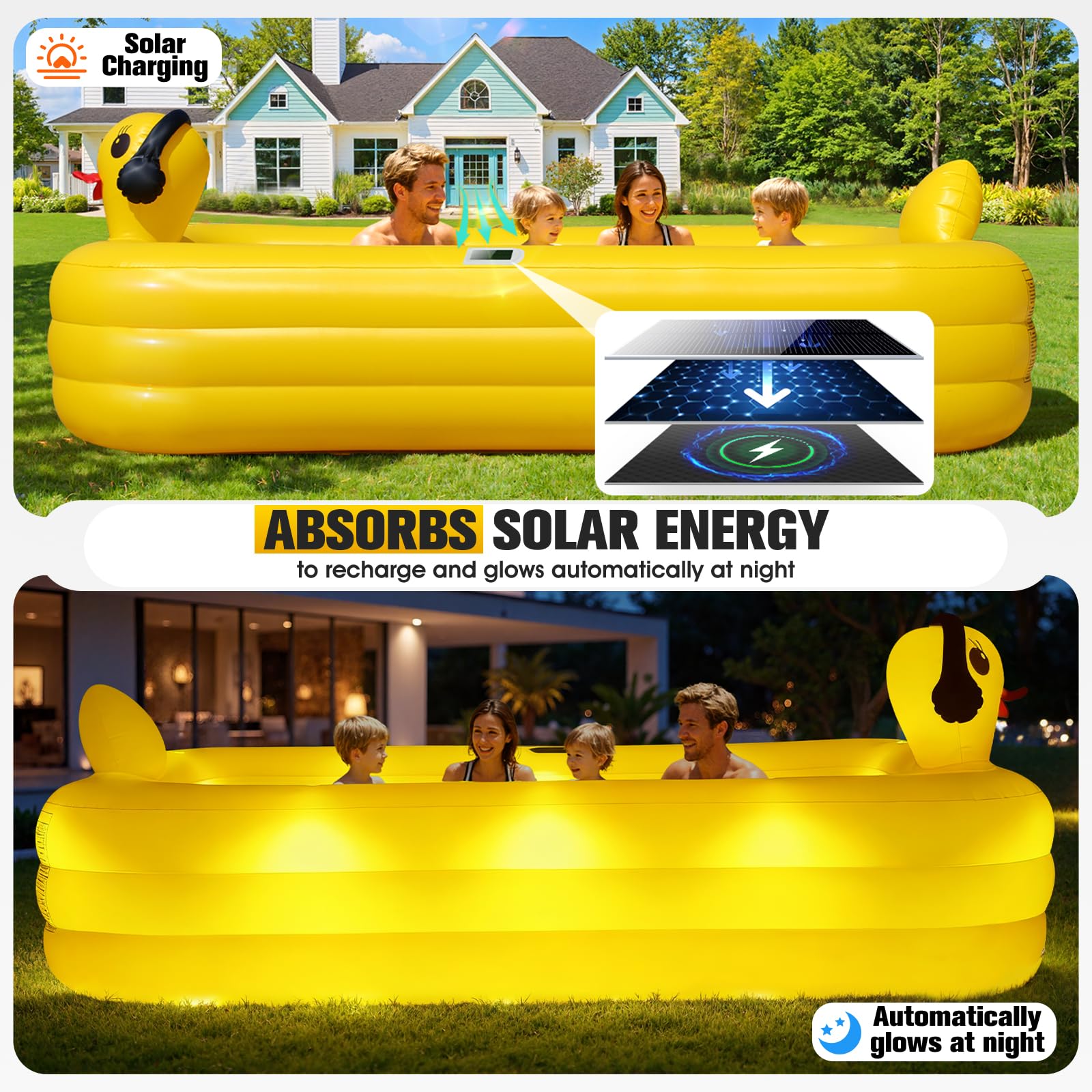 KingSom Aufblasbarer Pool mit Poolbeleuchtung, Solar Enten Planschbecken Groß für Kinder und Erwachsene, Aufstellpool Pool Rechteckig für Sommer, 254 x 160 x 56 cm Familienpool Aufblasbar für Garten