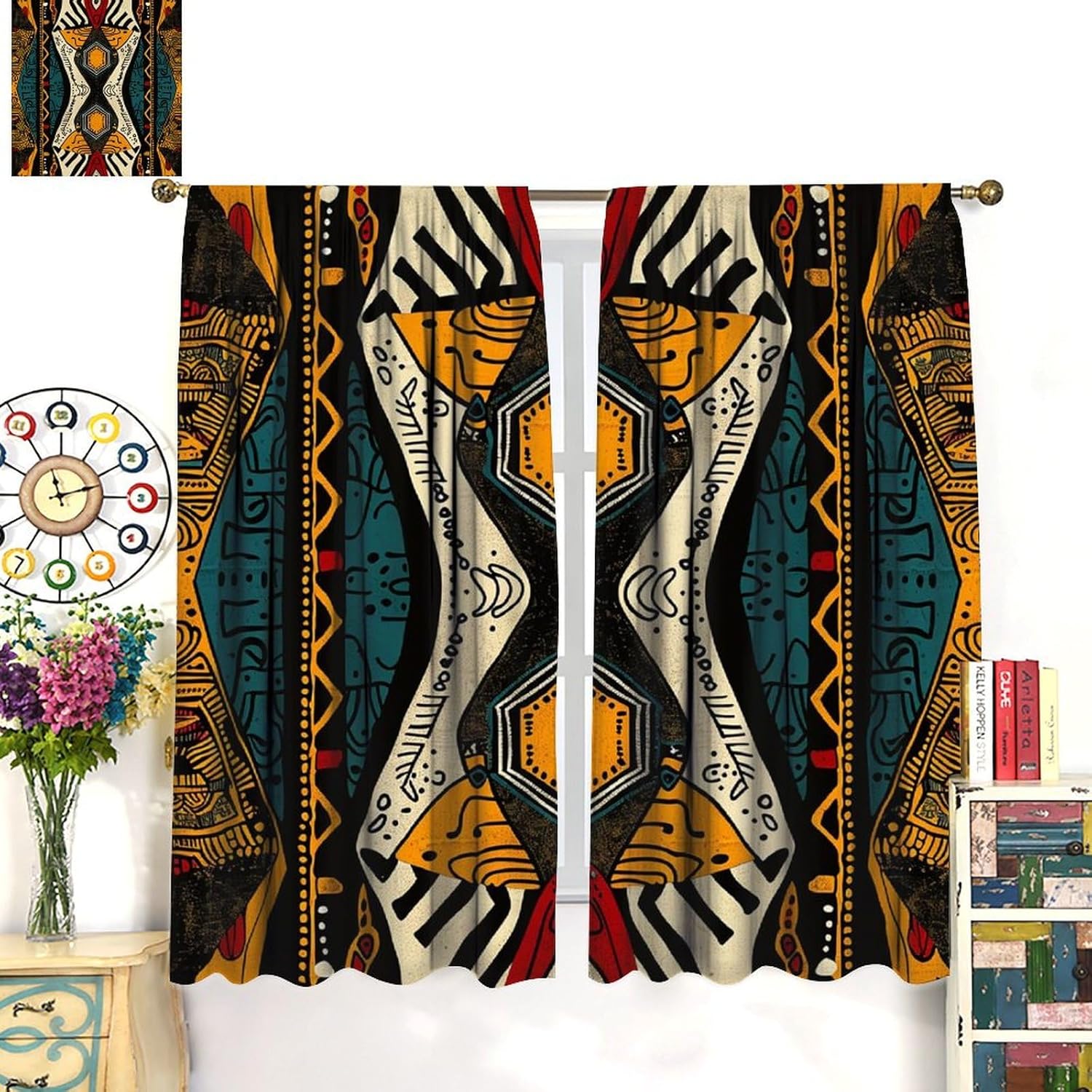 African Tribal Curtains, Tribal Ethnic Style Totem Geometric Pattern for Room Decor, Print Drapes for Living Room Bedroom Kitchen 2 Panel Set 20.5" W X 45" L - Image 3