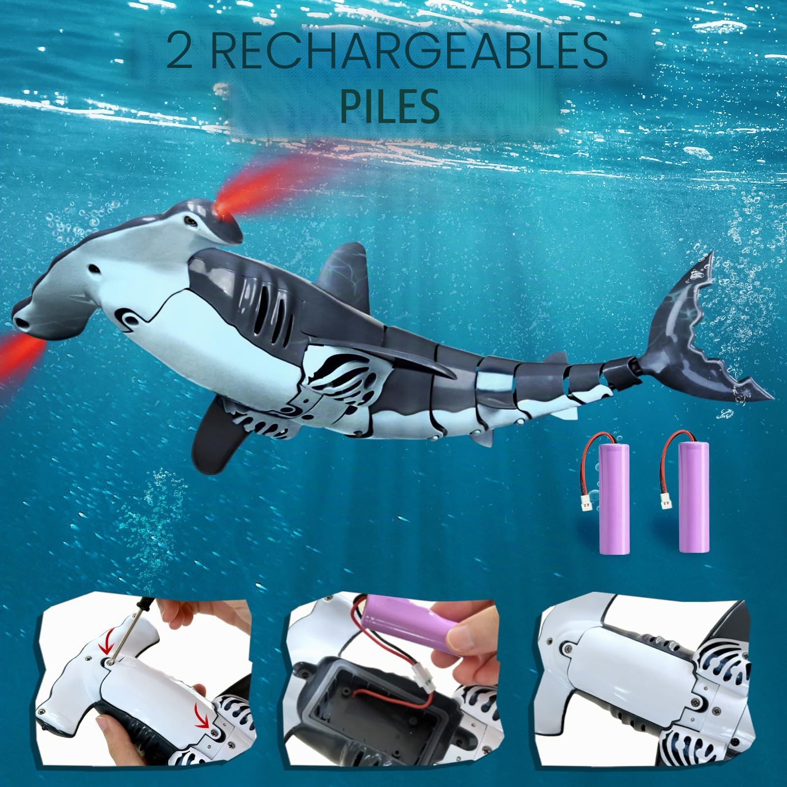 Requin Télécommandé 2.4 GHz RC Étanche avec Lumières LED pour Piscine, Baignoire (Gris)