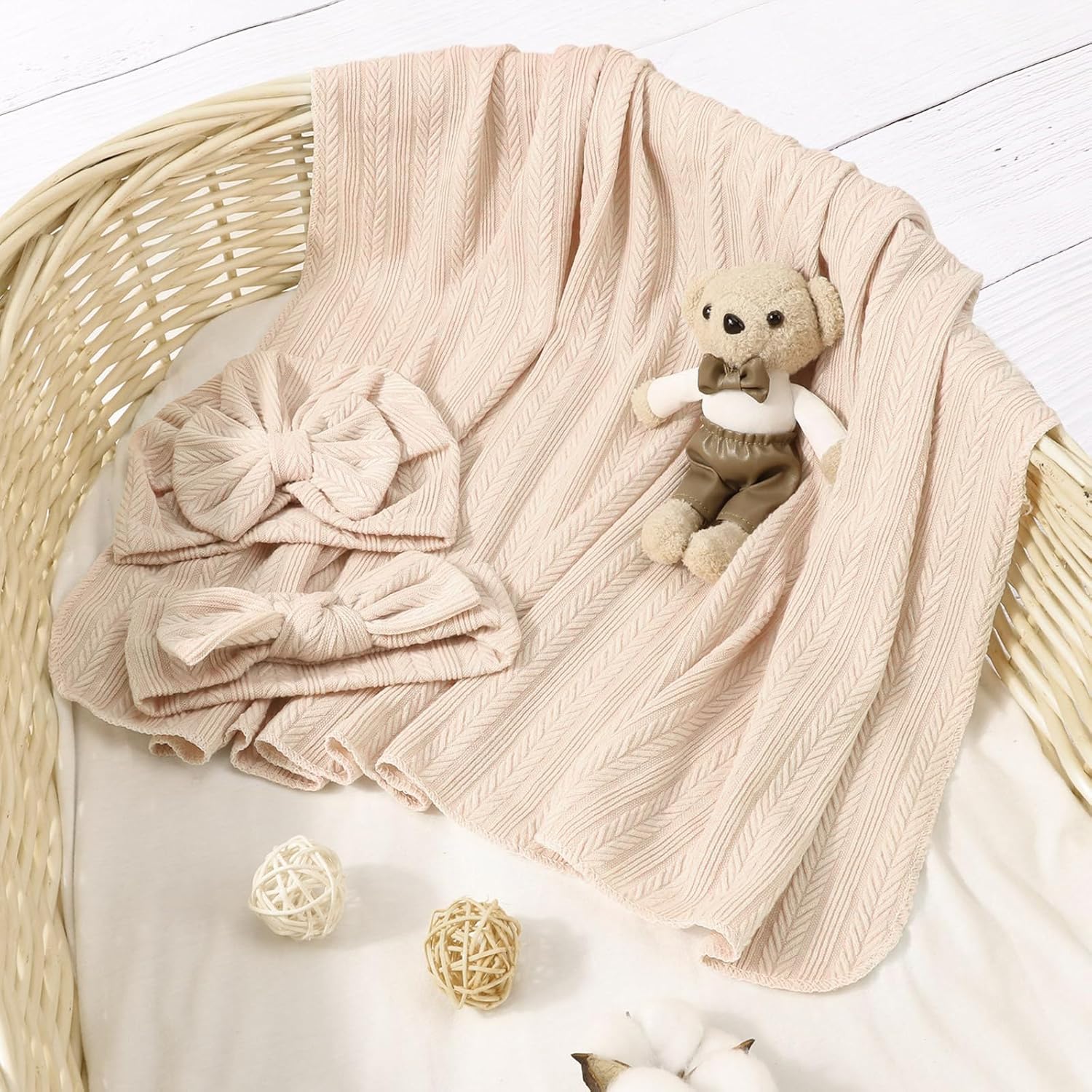 Newborn Receiving Blanket Toddler Warm with Bow Hat Headband Wooden Card Set Wheat-Pattern Newborns Toddler Baby for Baby Girls Boys Nursery Swaddle Wrap me 0-3 Month (2PC Pink & Khaki)
