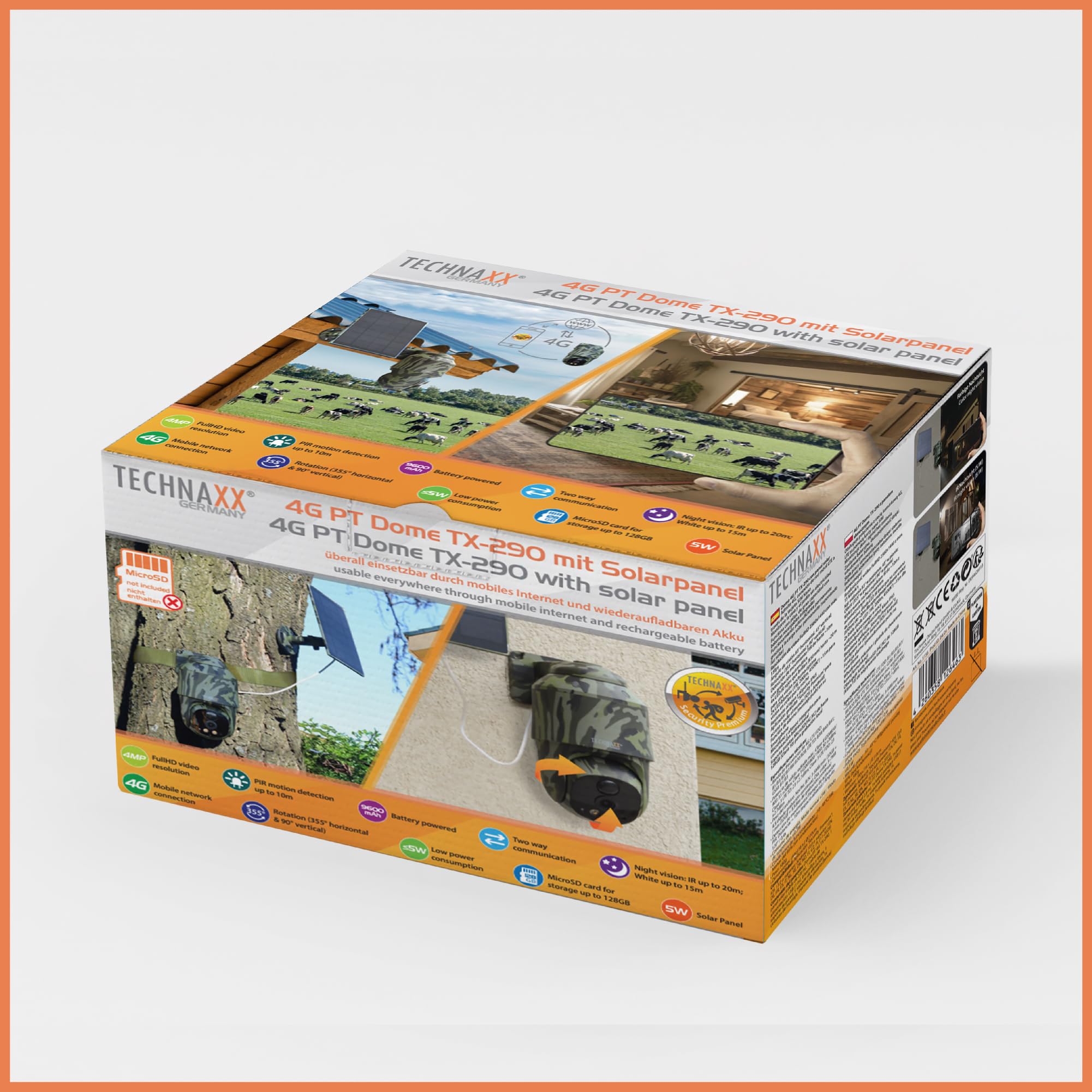 Technaxx Telecamera PT 4G da esterno con pannello solare 5W, 4MP, PIR, PTZ 360°, IP65 TX-290