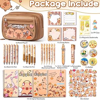 Kid School Supplies for Girl Age 5 6 7 8-12 13 14 Year Old, 36PCS Kawaii Tween Teen Girl Birthday Valentines Gift Cute Capybara Stationery Set w/Pencil Case Gel Pen Pencil Sticker Notebook Sticky Note