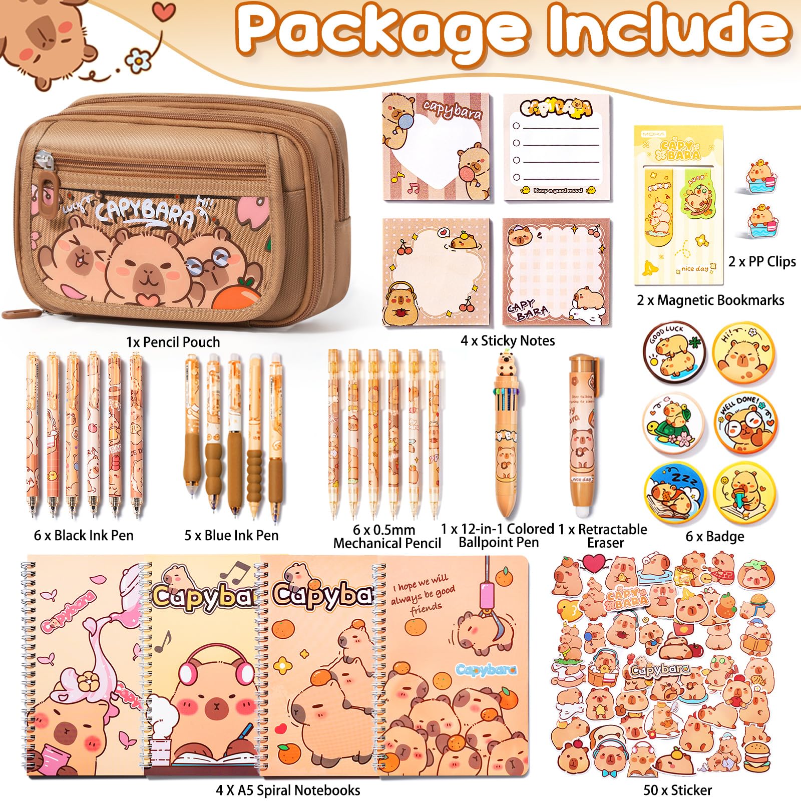 Kid School Supplies for Girl Age 5 6 7 8-12 13 14 Year Old, 36PCS Kawaii Tween Teen Girl Birthday Valentines Gift Cute Capybara Stationery Set w/Pencil Case Gel Pen Pencil Sticker Notebook Sticky Note