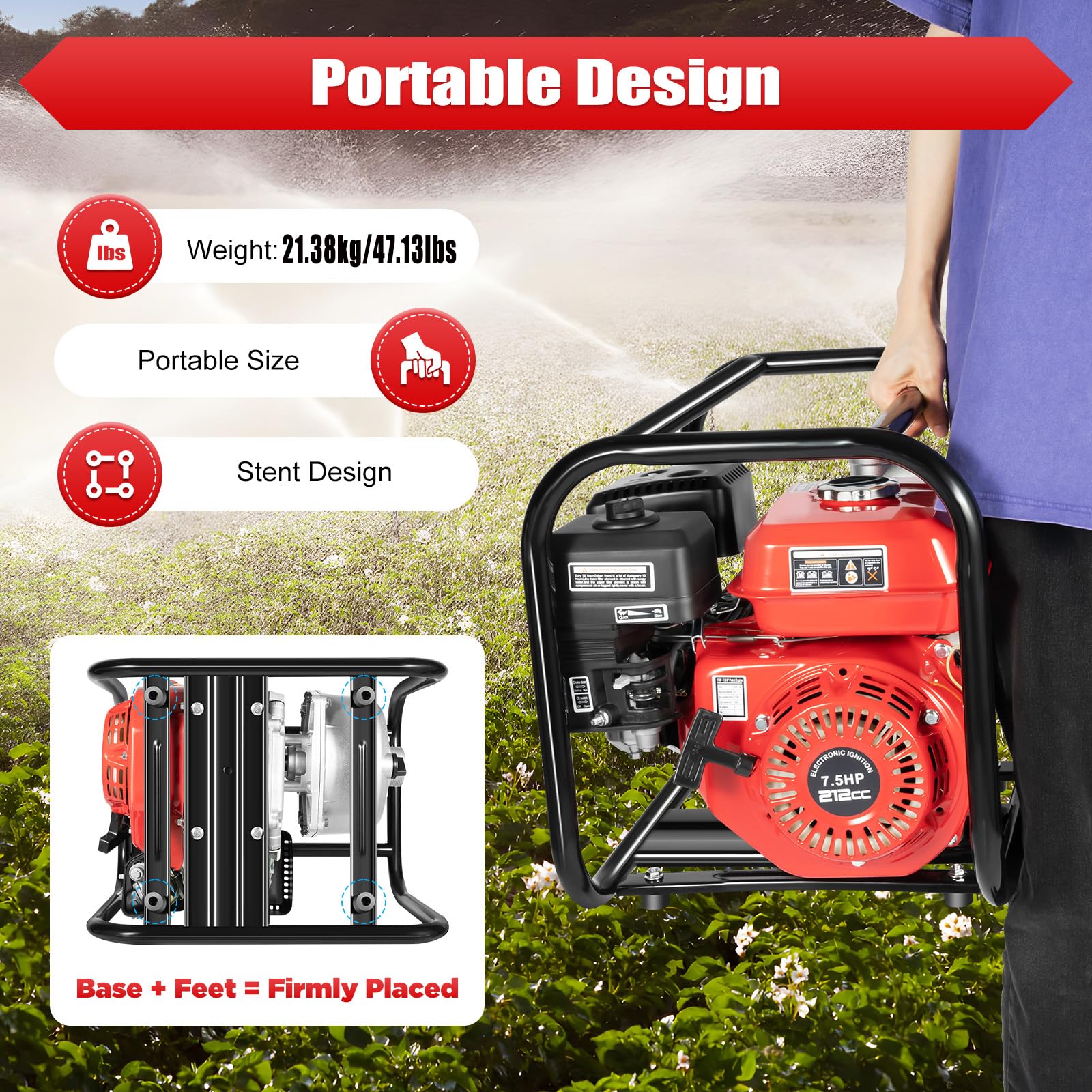 Bomba de agua de gasolina para jardín, 7,5 CV, 35000 l/h y 30 m, altura de aspiración, conexión de 3 pulgadas, bomba de agua sucia con motor de 4 tiempos, arranque por cable, base de metal