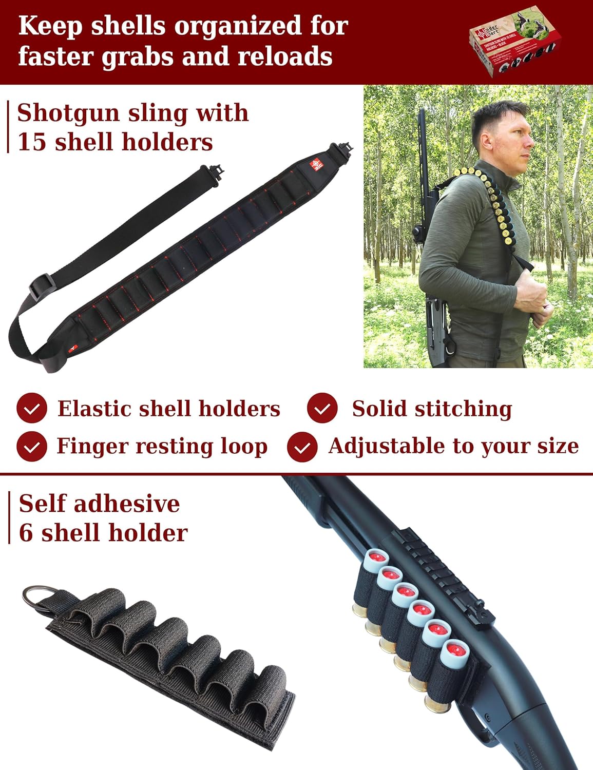 Shotgun Sling 12 Gauge with 15 Shell Holders, Adjustable Gun Sling with Thumb Loop and Metal Swivels, Comfortable 12ga Padded Shotgun Strap for Turkey & Waterfowl Hunting, (Black)