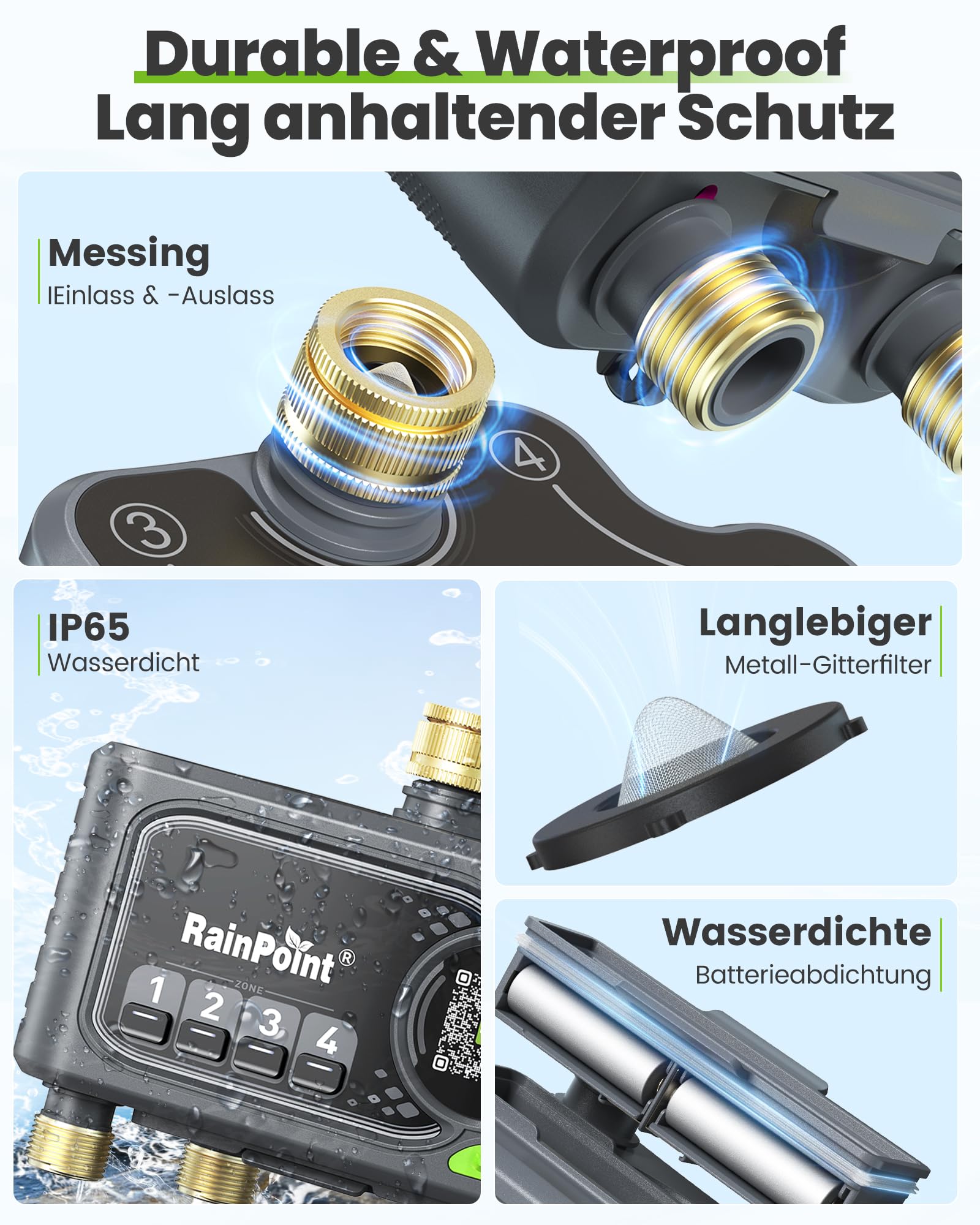 RAINPOINT Bewässerungscomputer WLAN mit 4 Ausgängen, Messing Ein- und Ausgang, Bewässerungsuhr 4 Zonen mit wetter- & bodenbasierter Steuerung, App- & Sprachsteuerung für Garten und Rasen