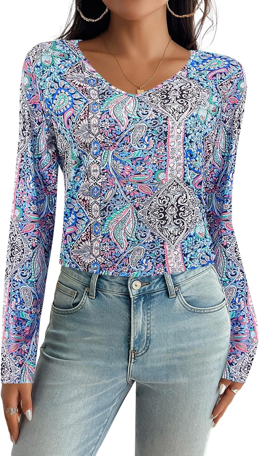 Erinaco Women's Boho African T Shirt V Neck Long Sleeve Tops Casual Loose Fall Basic Floral Tee Shirts Blouses Tunic Tops