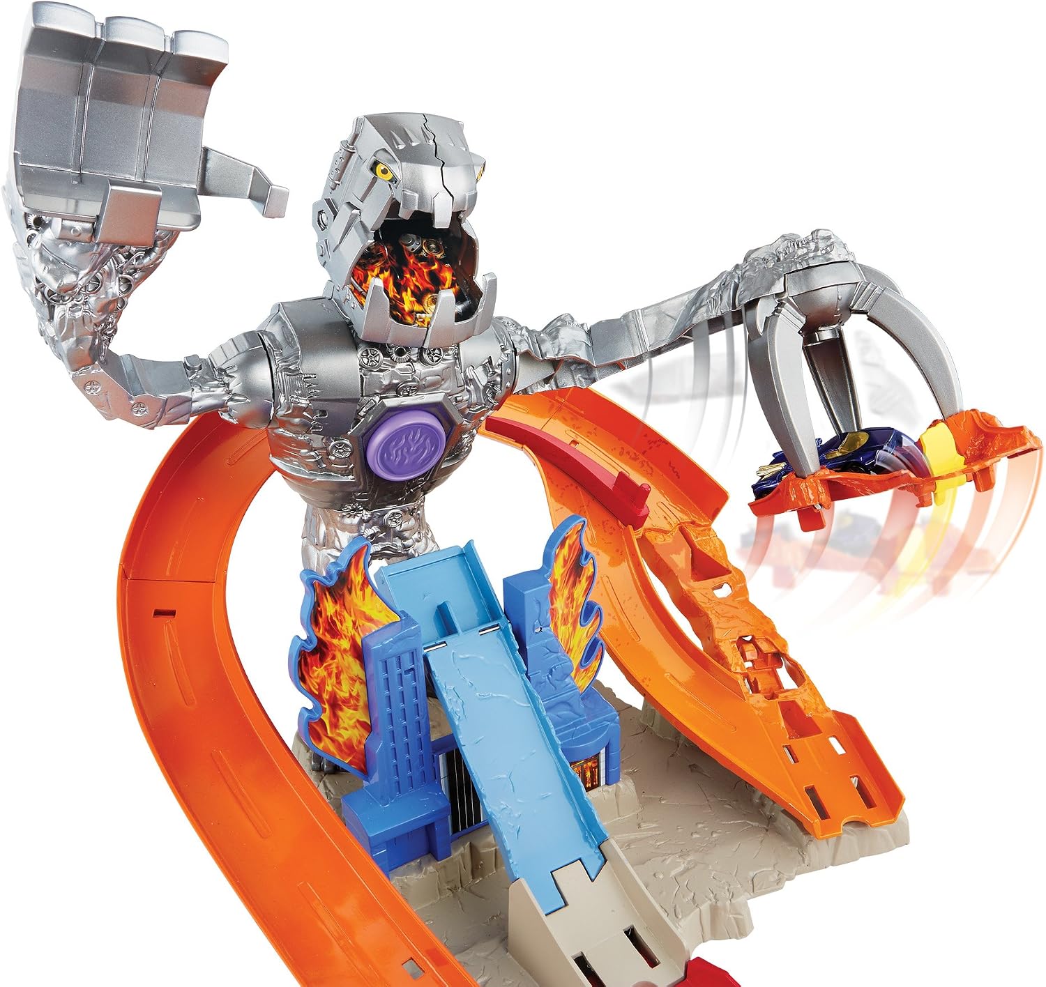 Hot Wheels Nitro Bot capturing a car in its claw.