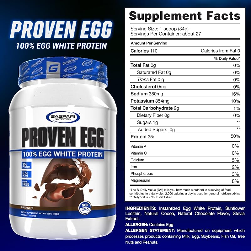 Gaspari Nutrition Proven Egg White Protein Powder, 25g Chocolate Protein Powder, 100% Egg White Protein, Keto Friendly, Dairy and Lactose Free, Soy Free (2 lbs, Chocolate) image 2