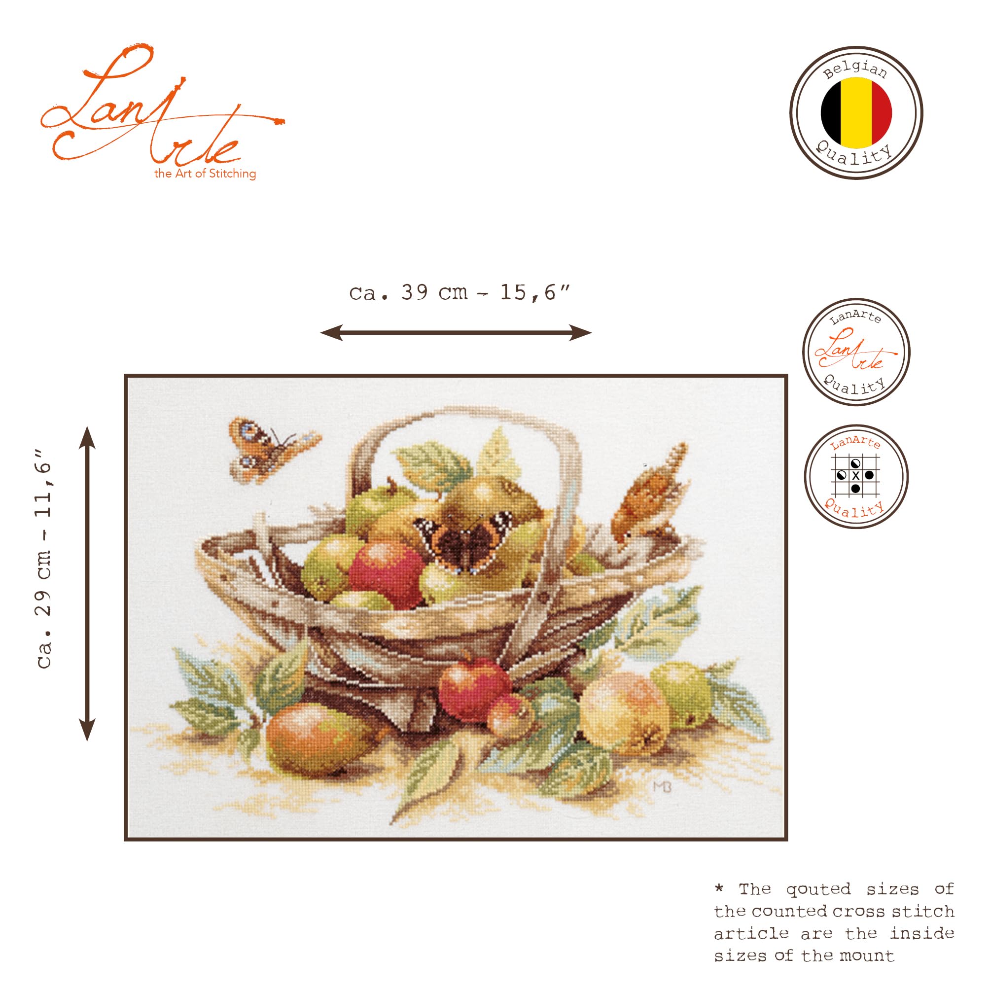 Lanarte Kreuzstich Stickpackungen Gezählter Kreuzstichbilder Set KORB MIT ÄPFELN Wanddekoration Handarbeit Set für Erwachsene 39 x 29 cm DIY Deko Bastelset Handwerker Kreative Geschenkset