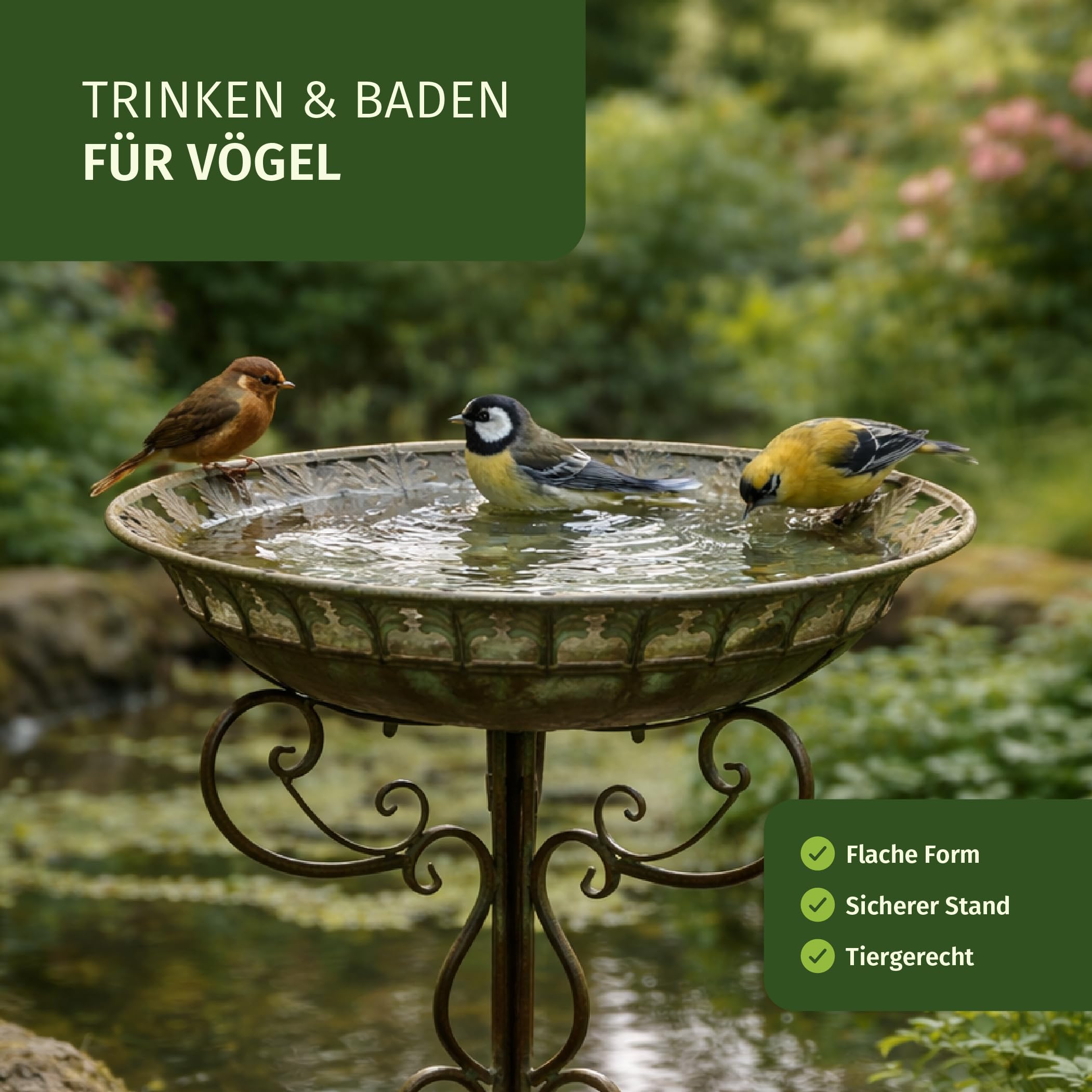 Moritz Bebedero para pájaros, corona de hojas, base decorada, cuenco de agua, 68,5 cm, para pájaros, bebedero de agua para jardín, resistente a las heladas