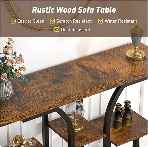 Miniatura 5 de ikkle Mesa de consola de 42.5 pulgadas, mesa industrial de 4 niveles para sofá con base curva, mesas decorativas de madera estrechas con estantes de