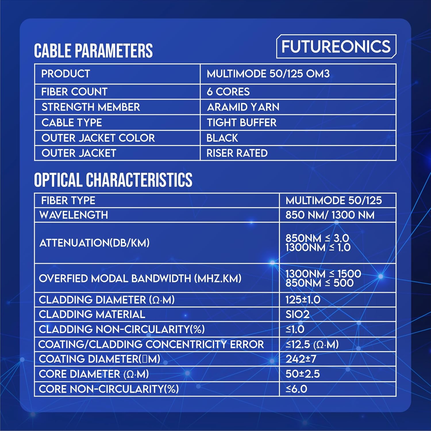 6 Fiber Indoor/Outdoor Fiber Optic Cable, Multimode 50/125 OM3, Corning, 10 Gbit, Black, Riser Rated, Spool, 2000 Feet