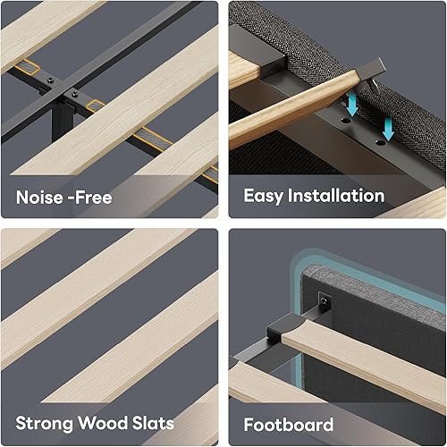 Miniatura 7 de LIKIMIO Marco de cama individual con 2 cajones de almacenamiento, estación de carga y luces LED, cama individual de plataforma tapizada con cabecera
