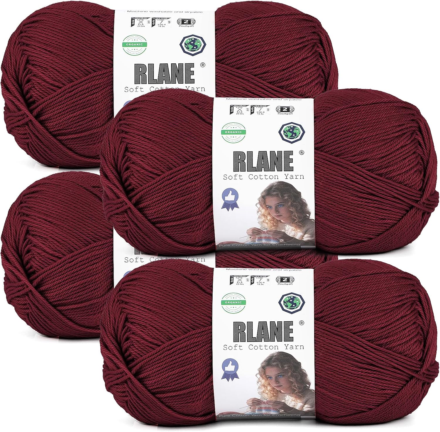 100% Cotton Yarn for Crocheting & Knitting, Sport Weight #2 Red Yarn