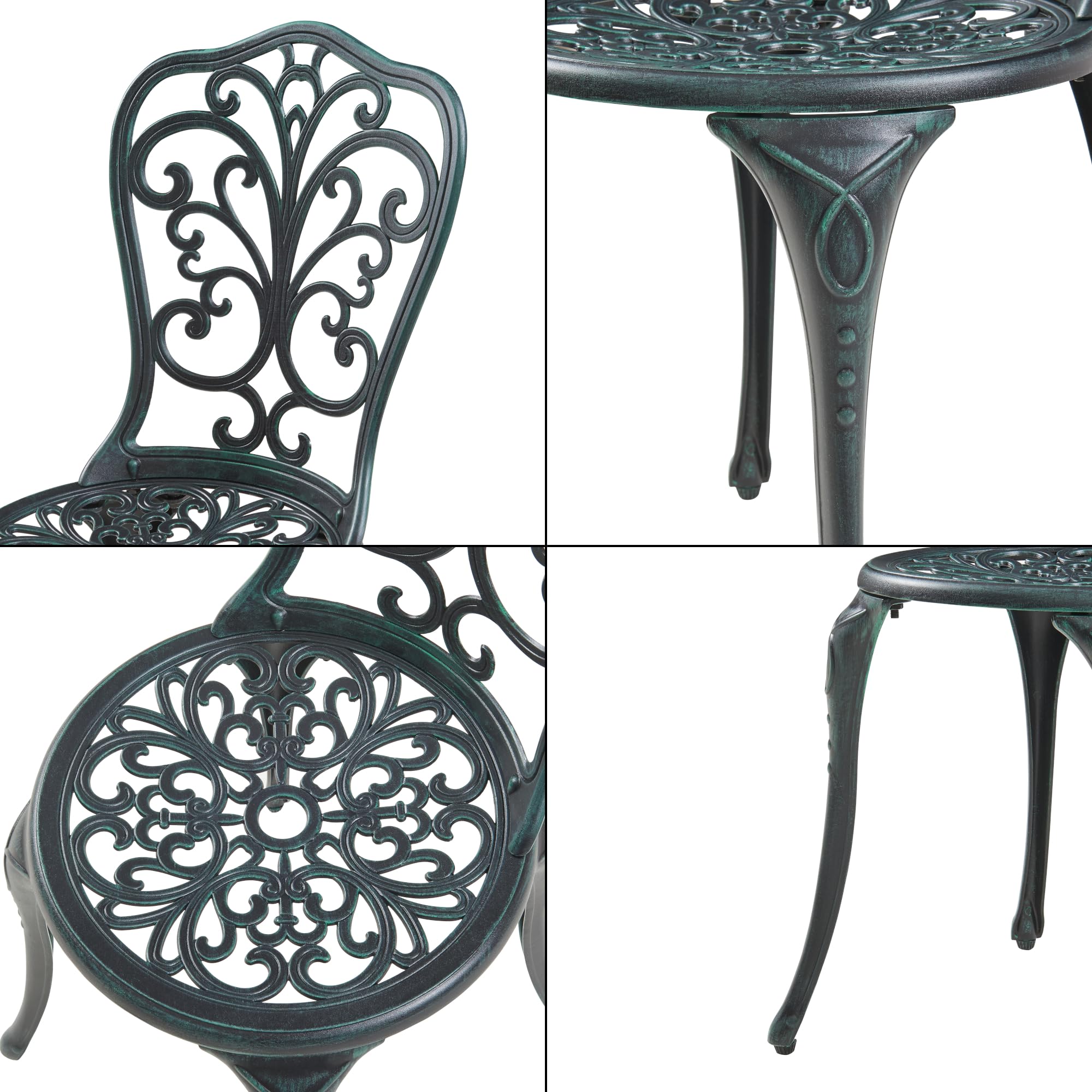 casa.pro Juego de Bistró de 3 Piezas Lupsam Set de 1 Mesa con Abertura para Sombrilla y 2 Sillas Conjunto de Muebles de Exterior Terraza Jardín Patio Balcón Aluminio - Gris Oscuro con pátina Verde