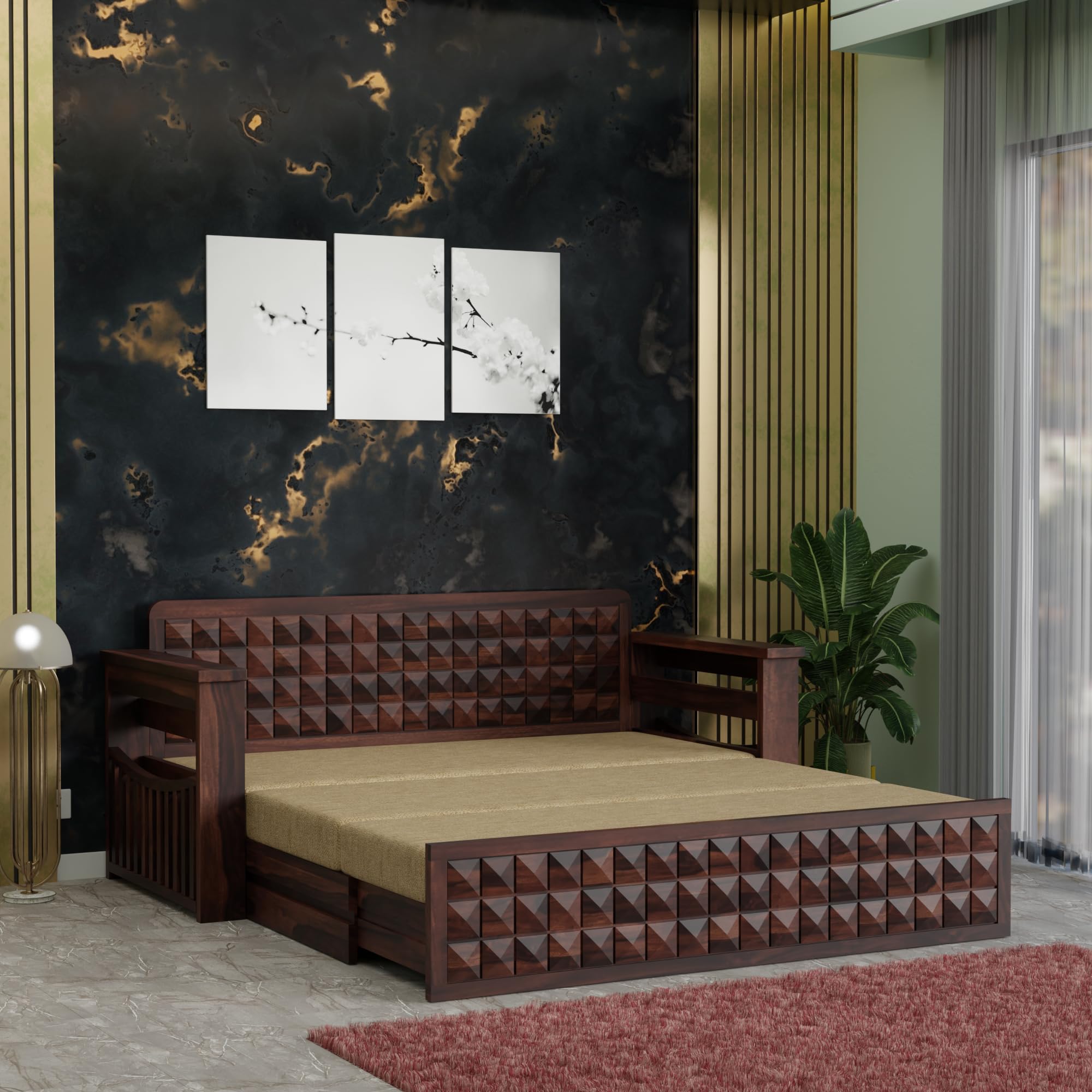 AMAZART FURNITURE Solid Sheesham Wood Convertible 3 Seater Sofa Cum Bed with Headboard and Storage Armrest, Folding Queen Size Double Bed with PullOut Big Drawer Furniture for Home Living & Bed Room