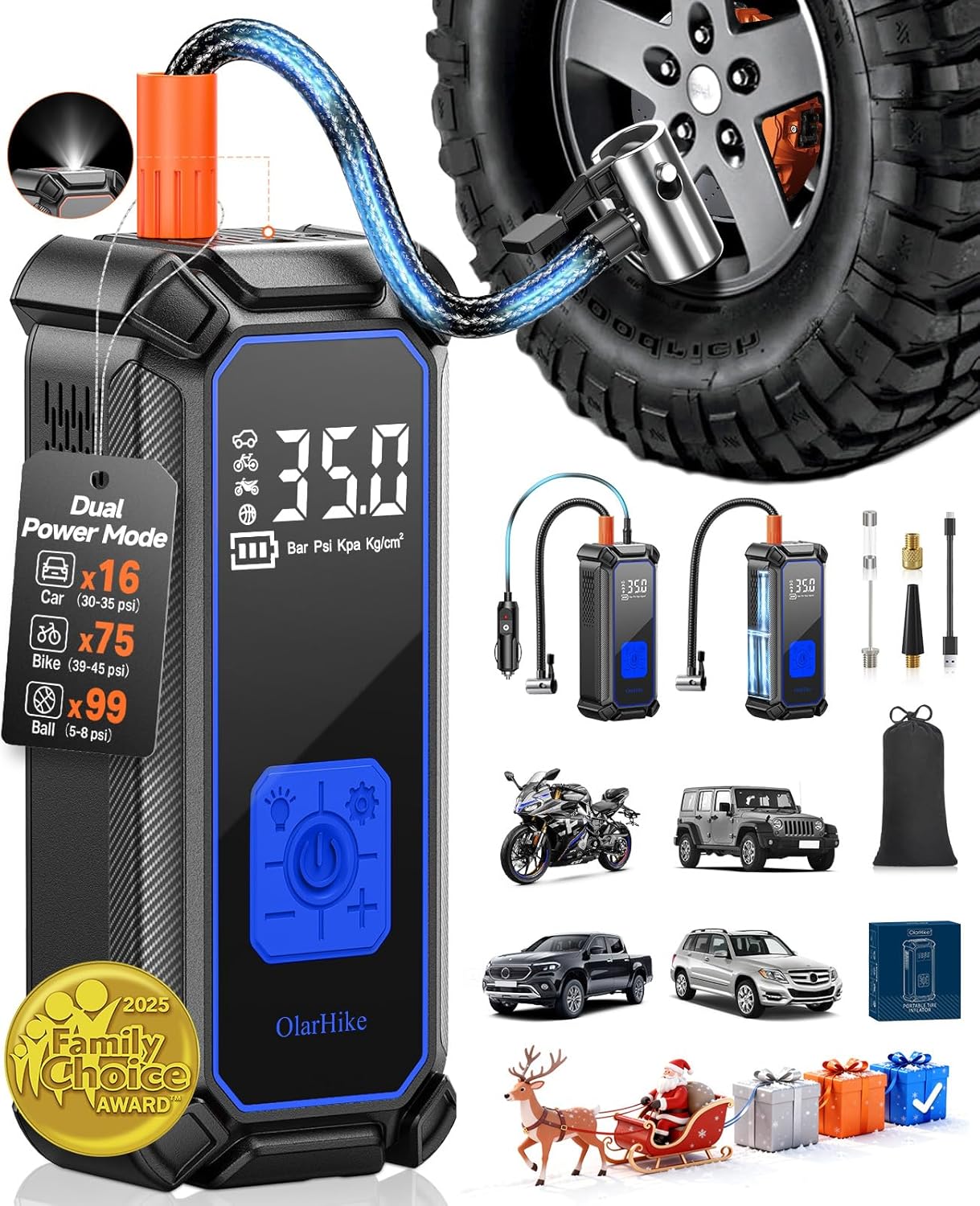 OlarHike Inflador de neumáticos inalámbrico, compresor de aire portátil, 150 PSI de doble potencia, 5400 mAh y 12 V CC, bomba de aire para