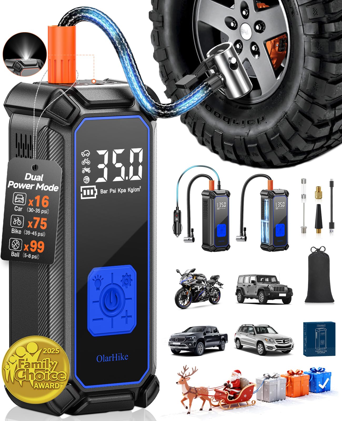 OlarHike Cordless Tire Inflator Portable Air Compressor, 150PSI Dual Power - 5400 mAh & 12V DC, Air Pump for Car Tires, Bike, Motorcycle, Bicycle, Electric Pump with LED Light & Digital Pressure Gauge