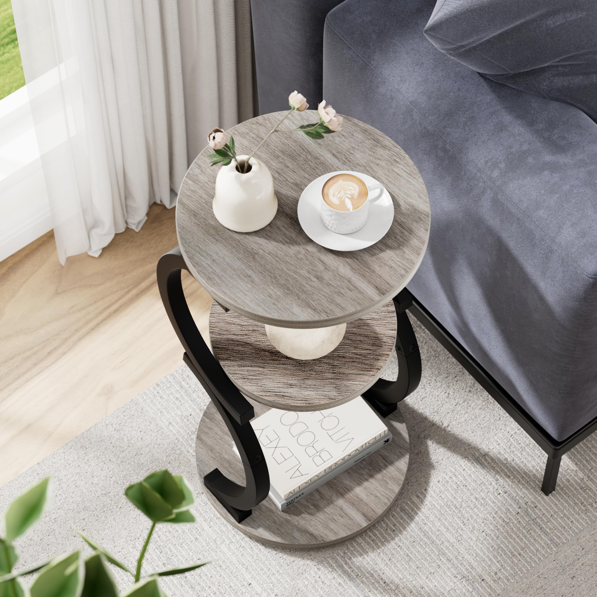 JUSTOGO Beistelltisch Rund, S-förmiges 3-stufiger Couchtisch, Kleiner Tisch Holz, Metall Nachttisch für Wohnzimmer, Schlafzimmer
