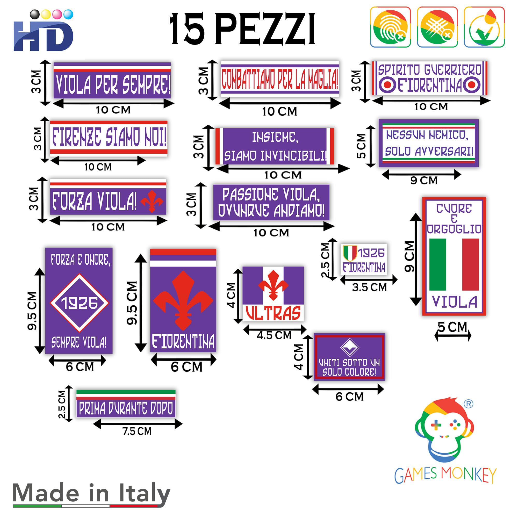 GamesMonkey® - Kit de 15 adhesivos Ultras - Fiorentina - Campeón de fútbol escudo - Vinilo brillante HD - Made in Italy impermeables para exterior interior de coche, moto, motocross, bicicleta, casco