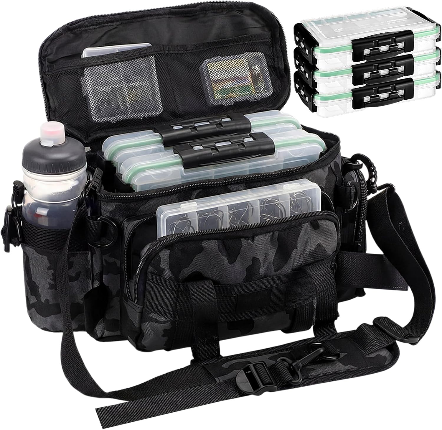 Fishing Tackle Bag with 3 Pcs 3600 Tackle Trays Removable Dividers Gear Storage Expandable Fishing Handbag Waterproof Camouflage Gear Bag Bait Separator Box Padded Shoulder Strap(Gray)